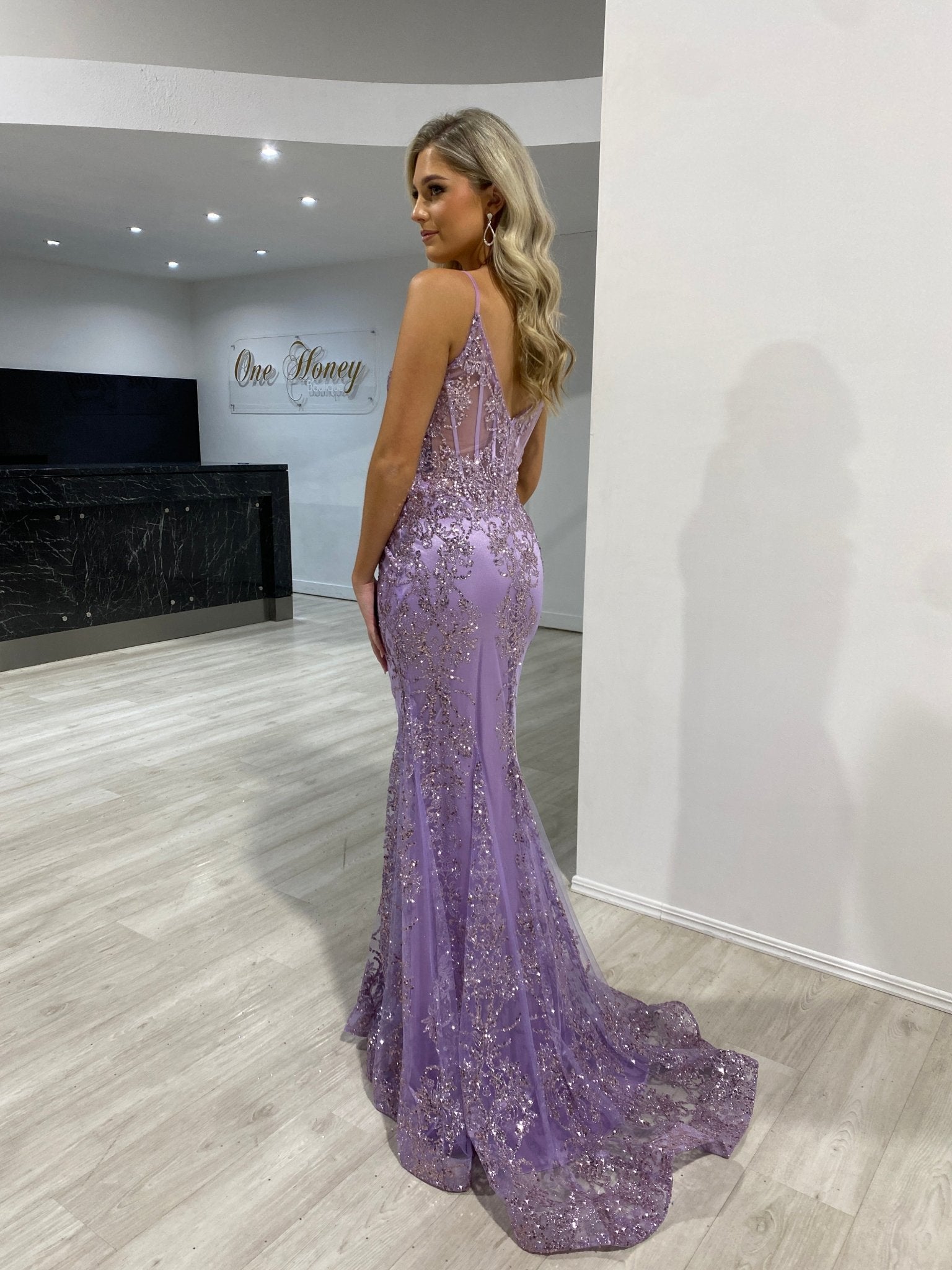 Honey Couture CAROLE Lavender Sequin Corset Mermaid Formal Gown Dress in Australia | One Honey Boutique