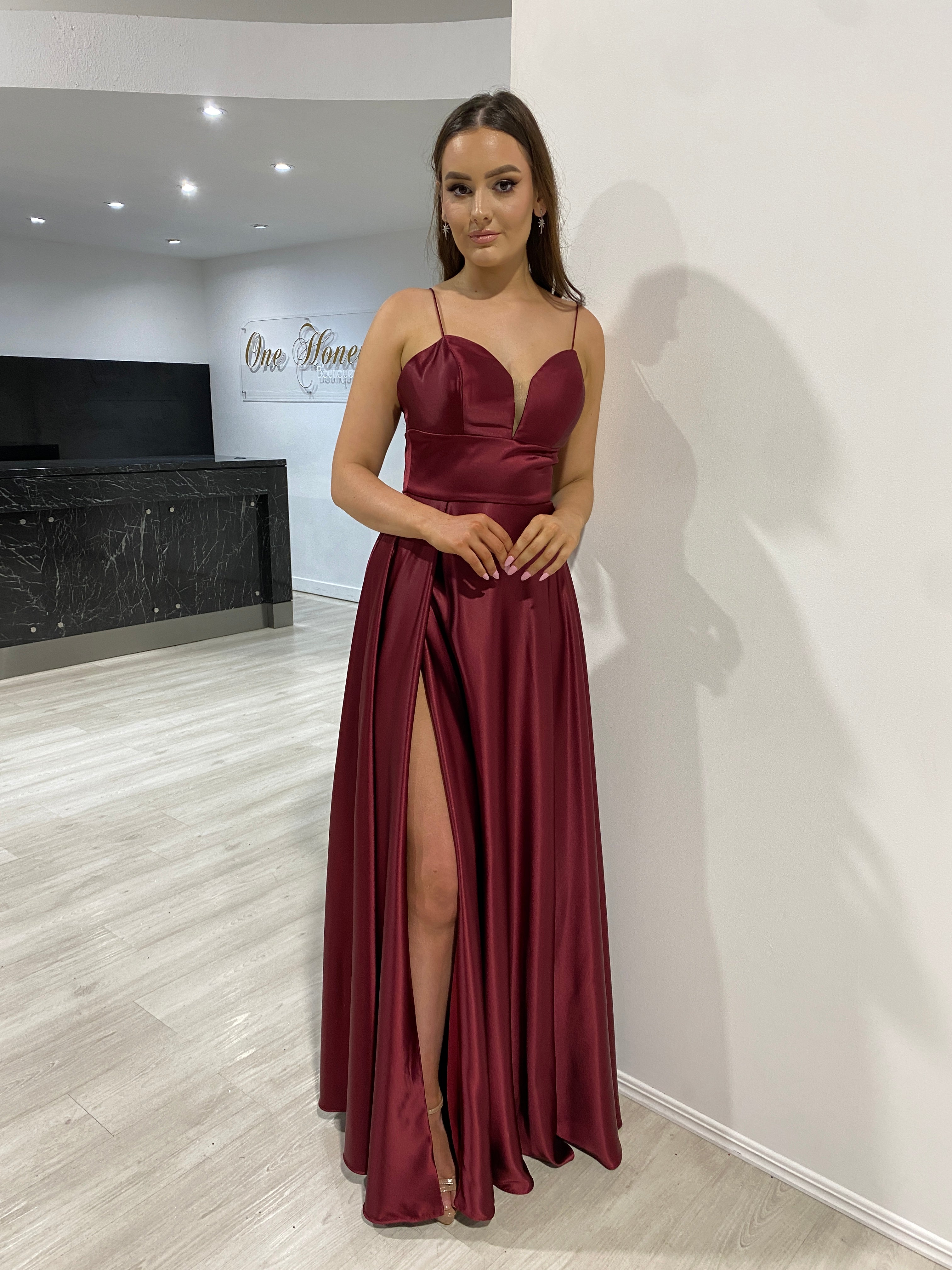 KAY Silky A-Line Bridesmaid Dress with sweetheart neckline and satin leg slit, perfect for formal events from Brisbane to Gold Coast