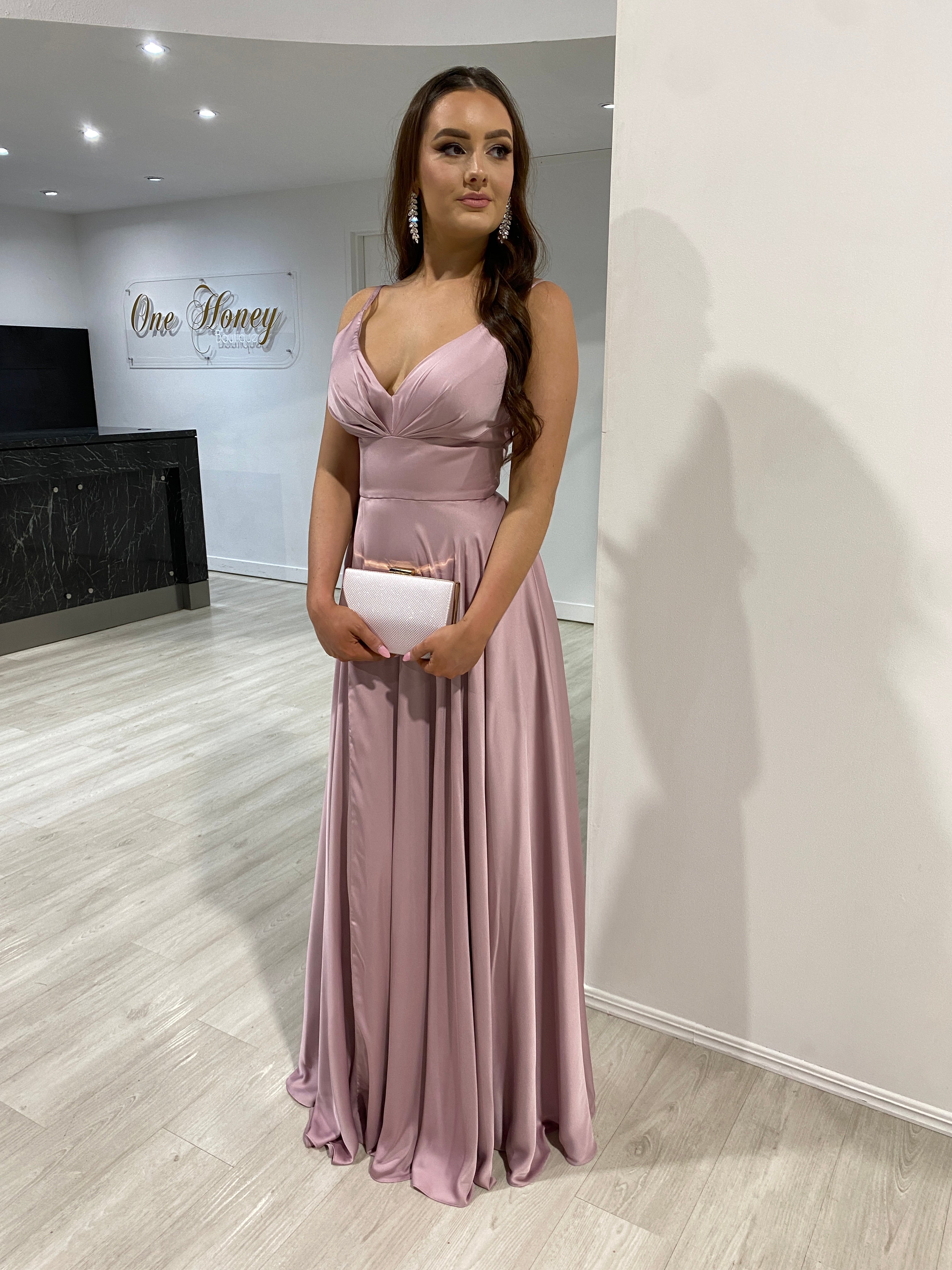 ROSALIA silky A-line gown with pleated V-neckline and soft leg slit, perfect for prom. Stunning elegance from Brisbane to Gold Coast.