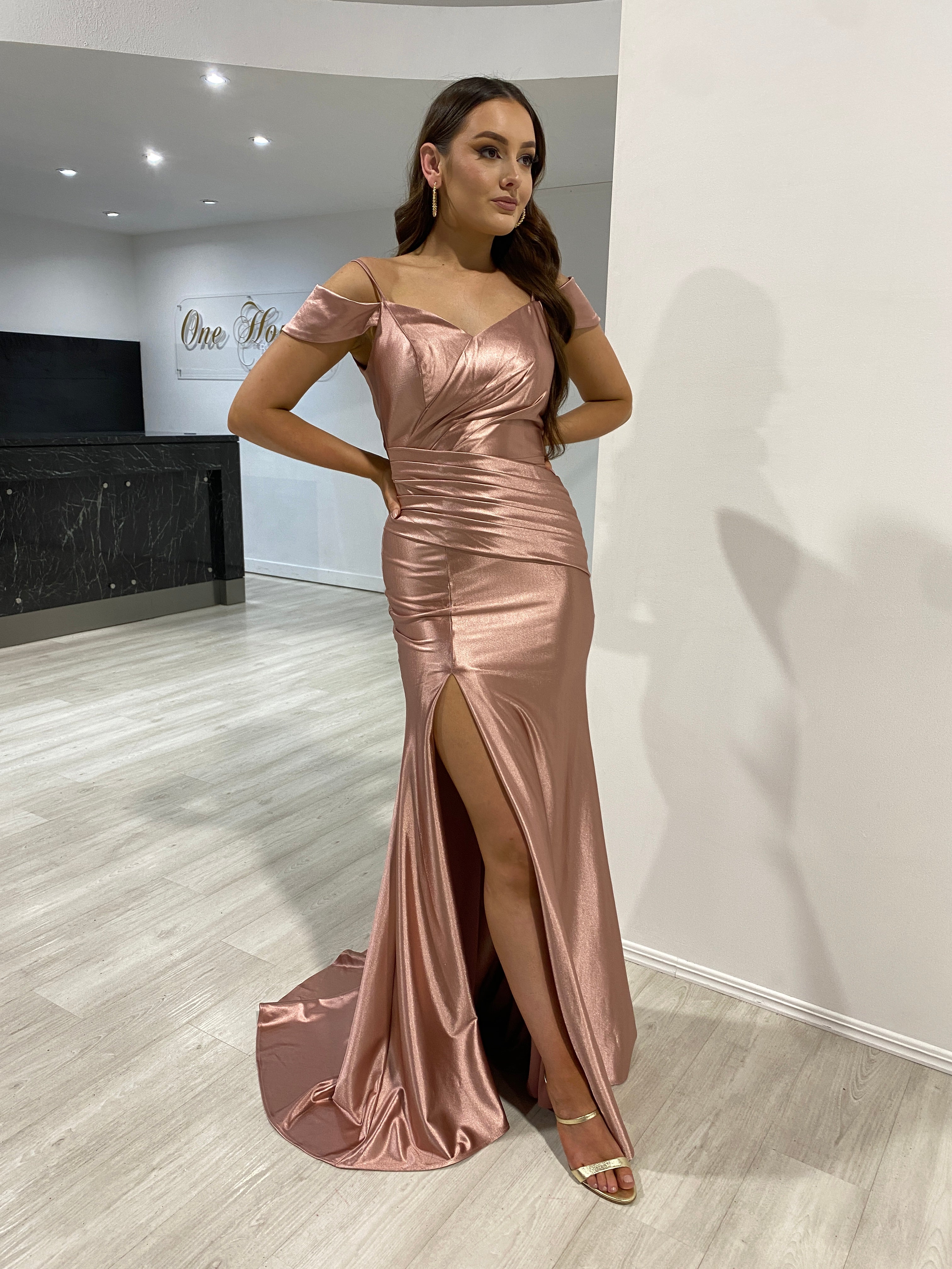 ROMY Silky Off Shoulder Mermaid Prom Dress with slit and sweep train, perfect for elegant occasions. Available Brisbane to Gold Coast.