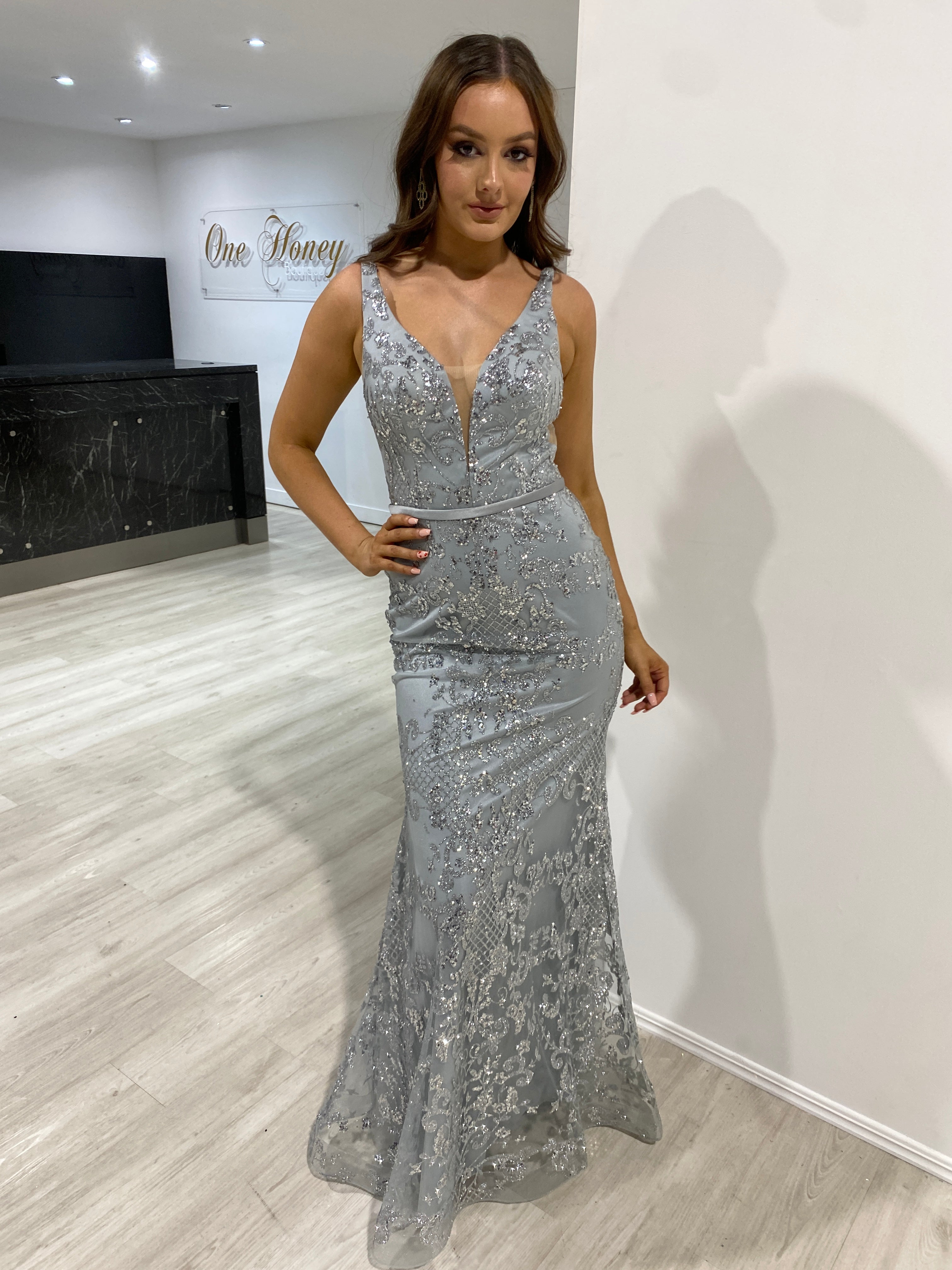 Honey Couture CAROLINE silver mesh glitter formal gown dress from Australian Designer, perfect for prom and evening occasions.