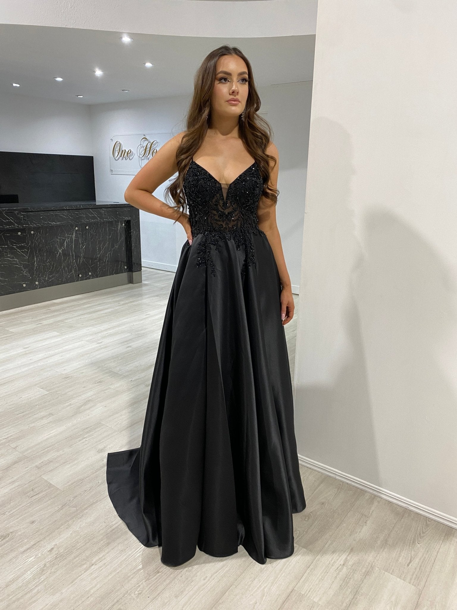 Honey Couture ALICE Black Satin A Line Beaded Bodice Formal Dress in Australia | One Honey Boutique