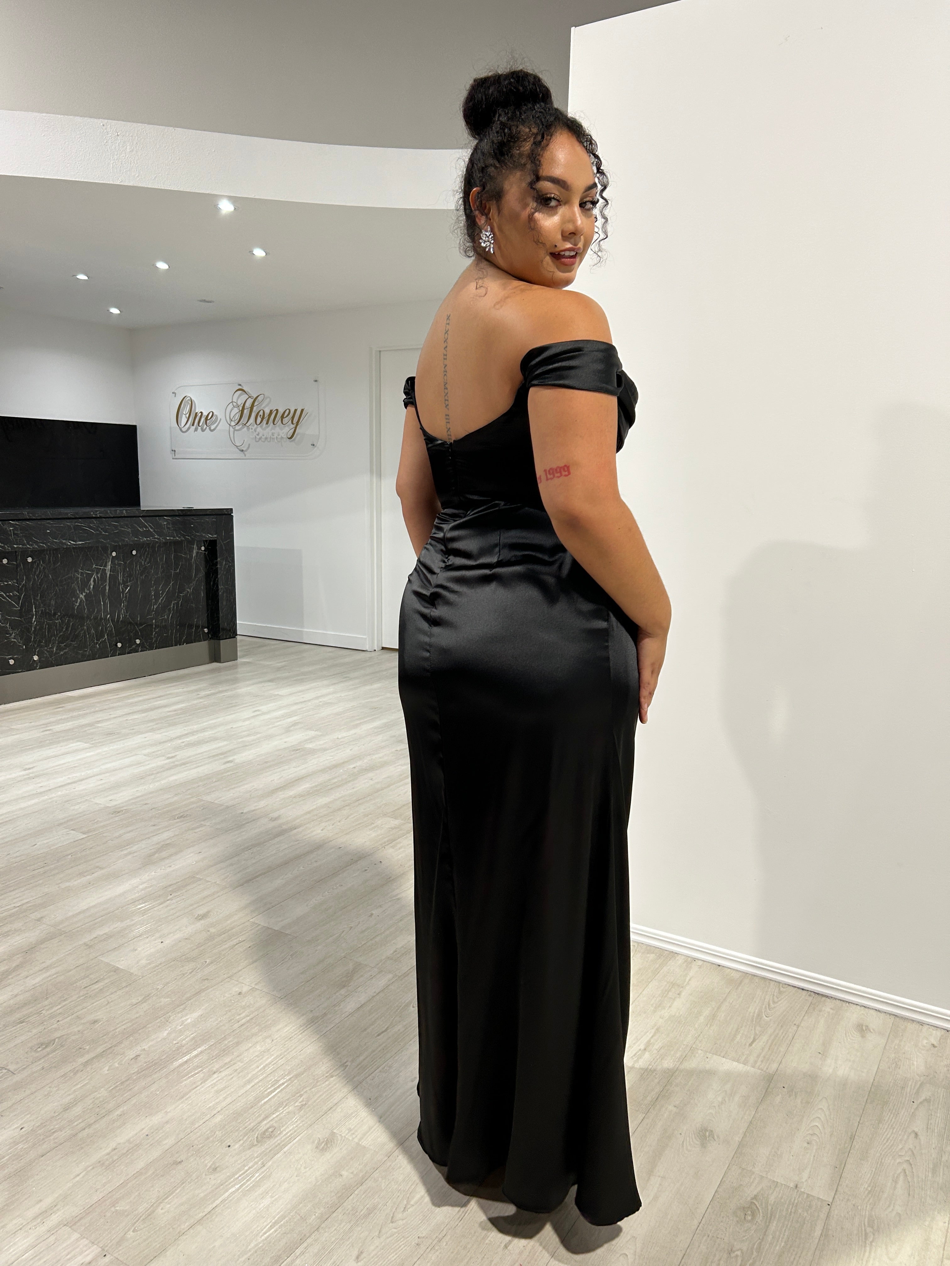 CECE Curve Satin Off The Shoulder bridesmaid dress with fitted silhouette and draped neckline, Brisbane to Gold Coast.
