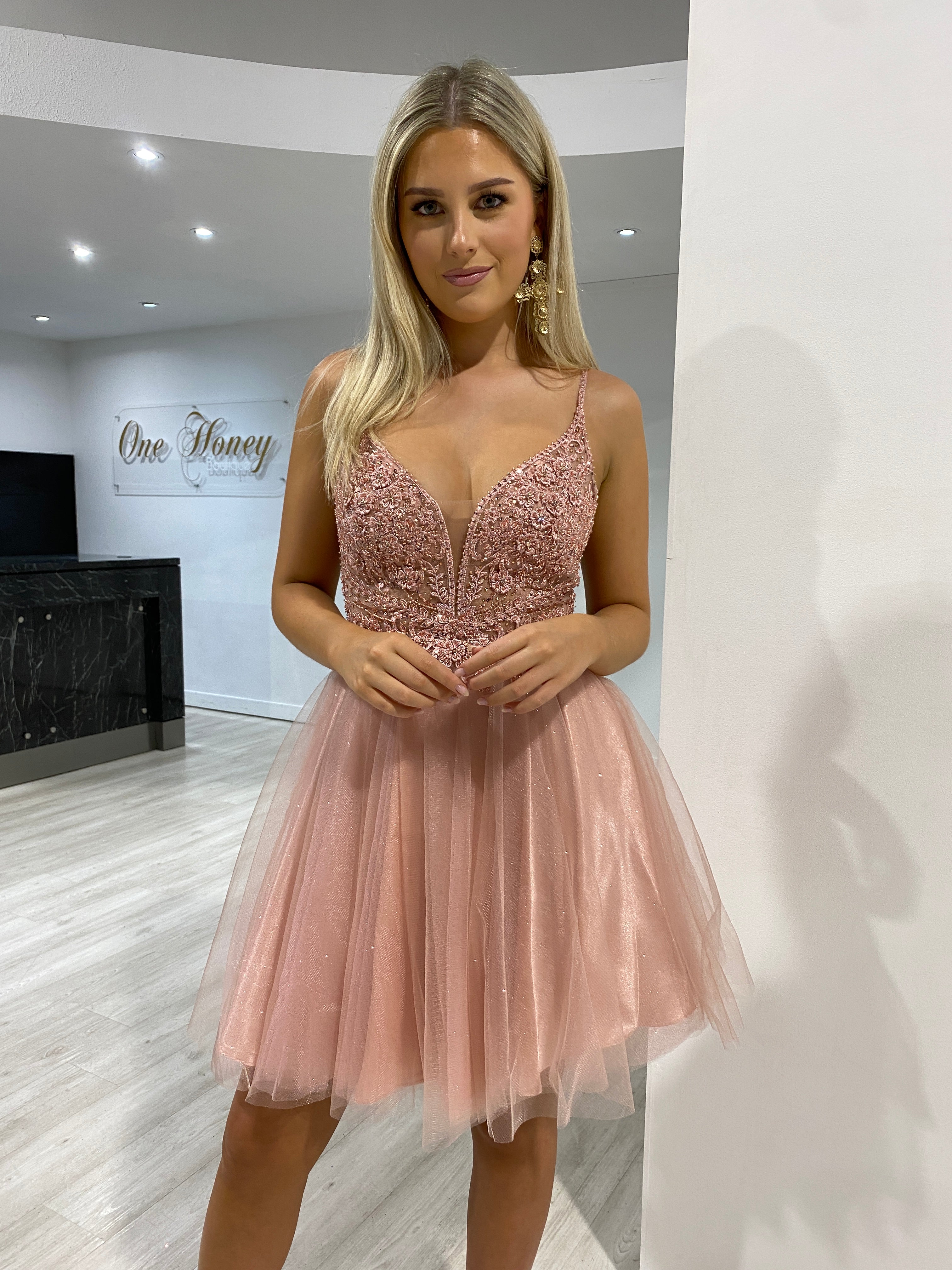Honey Couture AMBROSIA Blush Sequin Beaded Strap Tulle Frilly Party Dress