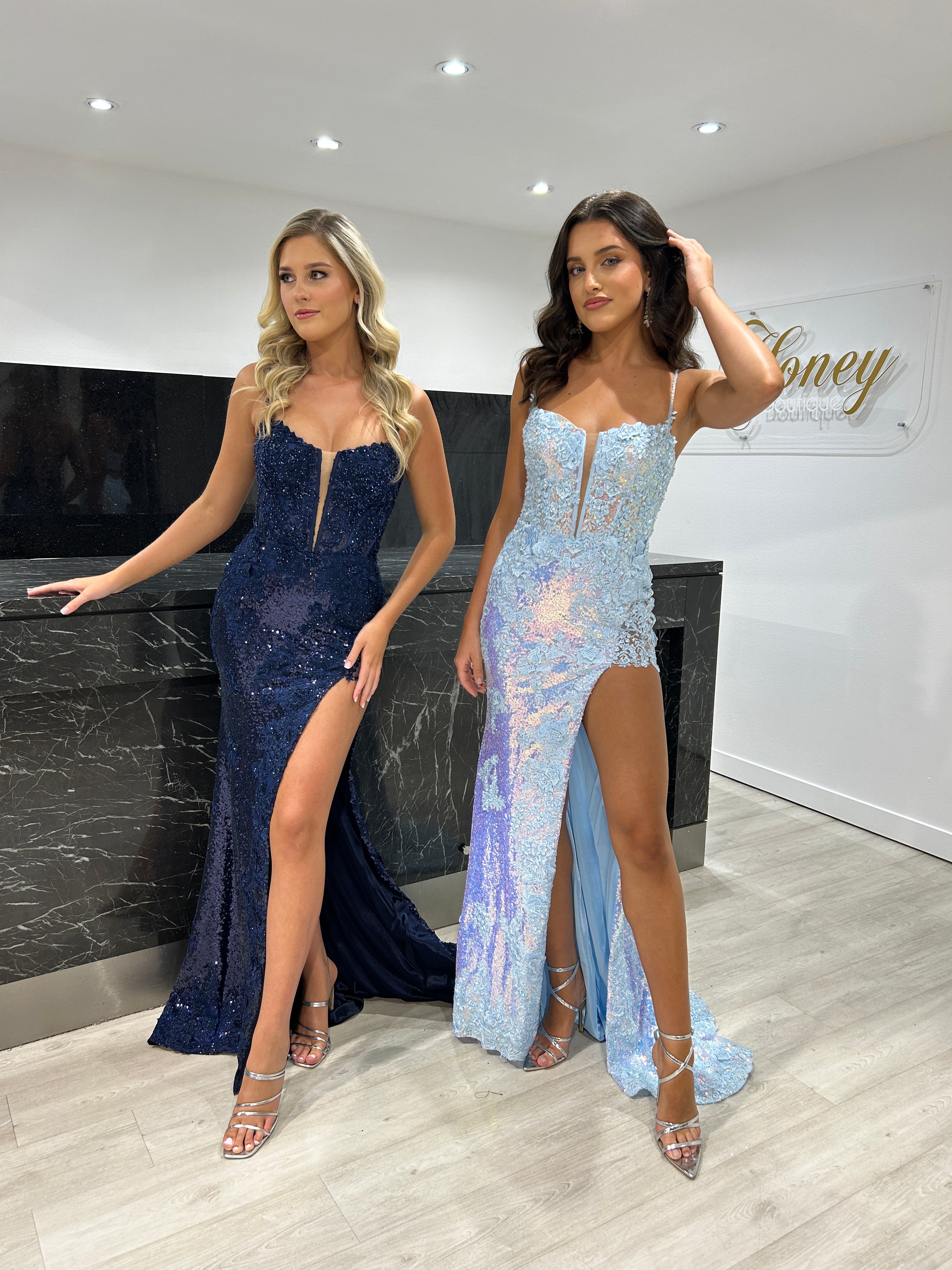 Sherri Hill 55059 Light Blue Sequin Corset Dress with Leg Split - Australian Stockist - Red Carpet Style Gown