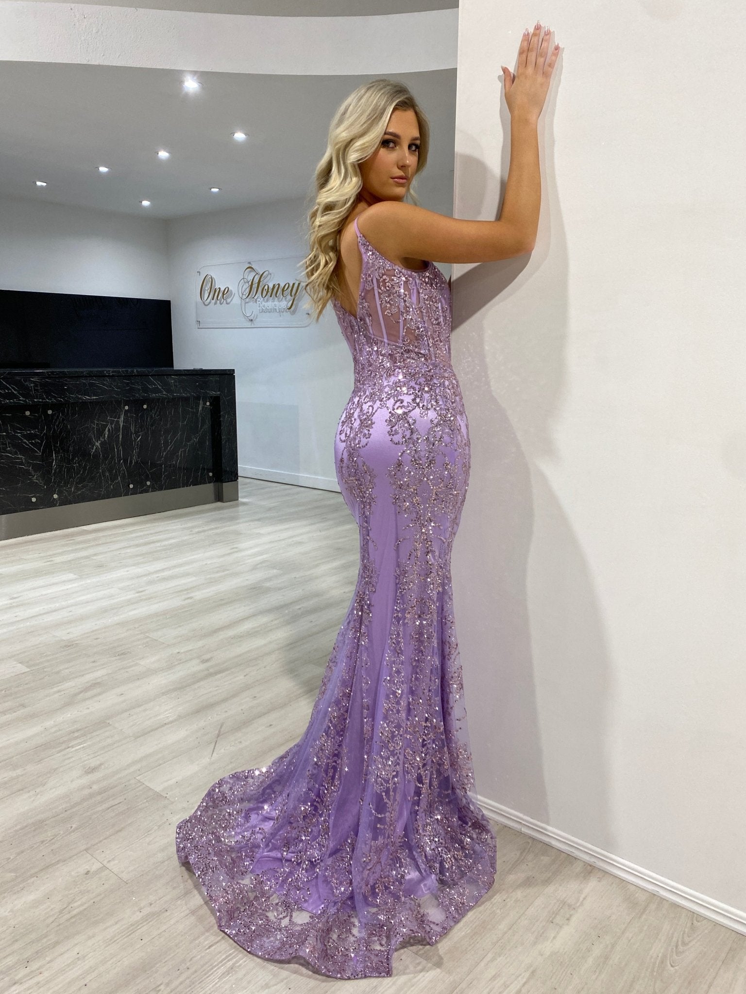 Honey Couture CAROLE Lavender Sequin Corset Mermaid Formal Gown Dress in Australia | One Honey Boutique