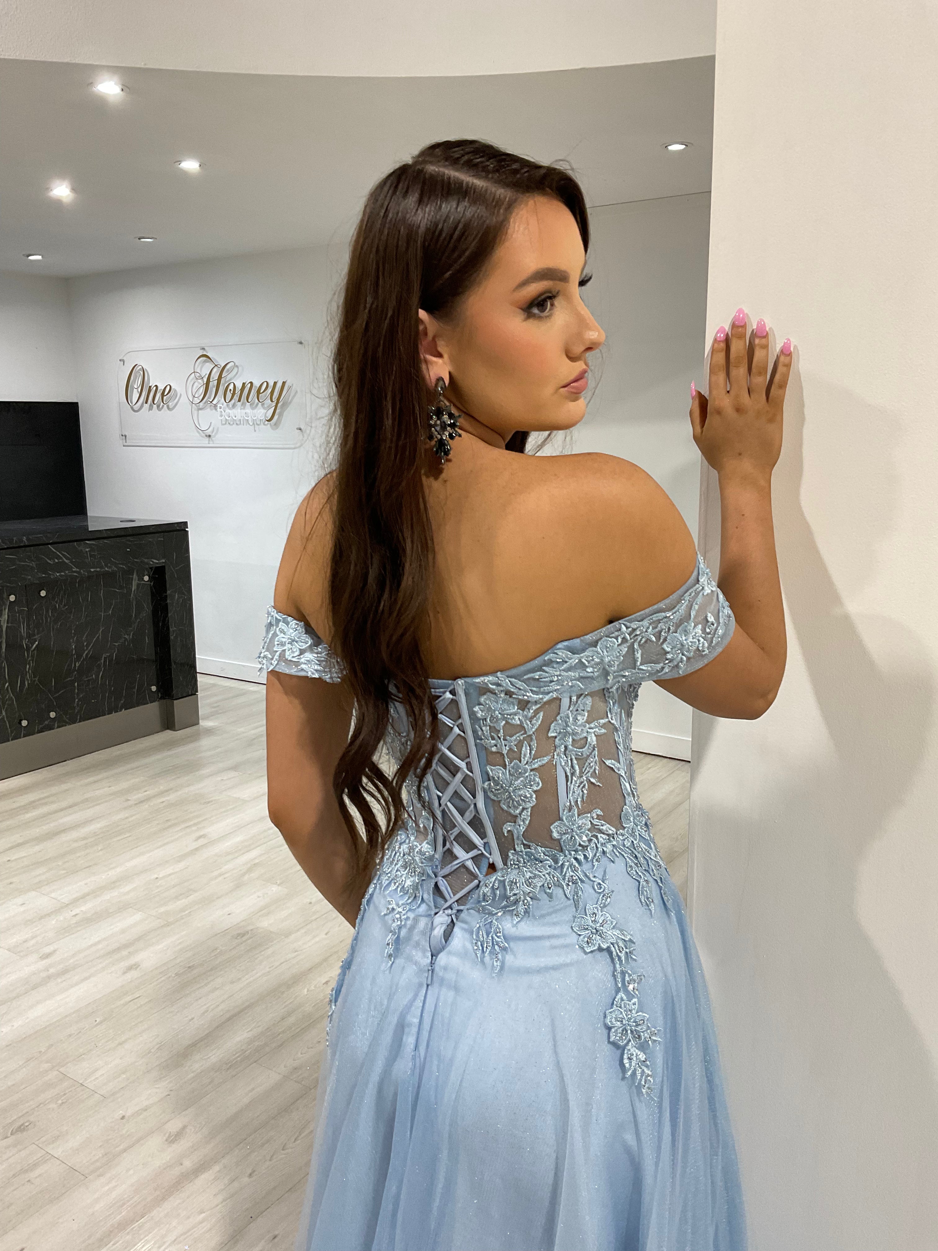 DEJA Lace Applique Corset Back Off Shoulder Ballgown