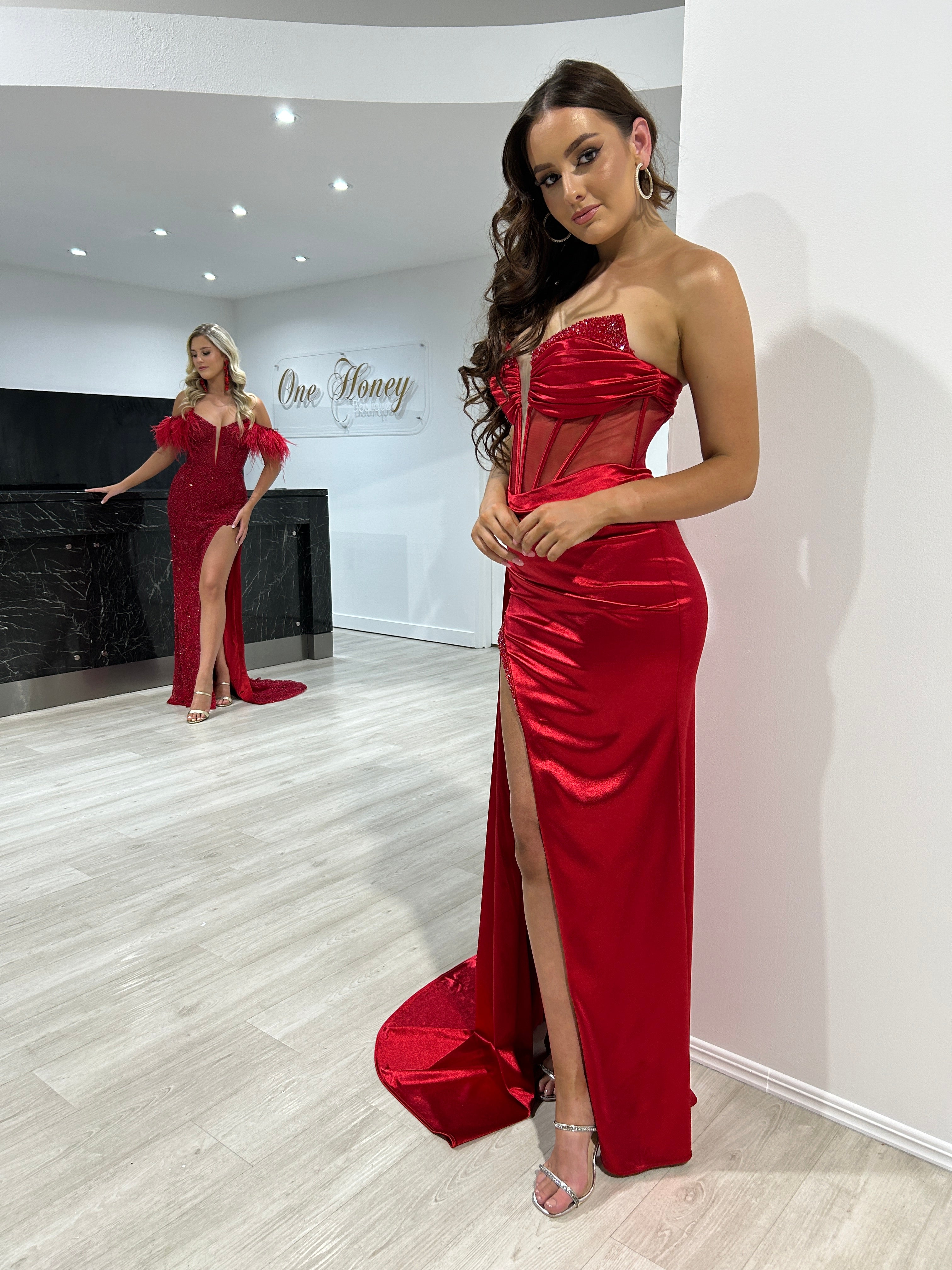 Honey Couture FINA Red Strapless Satin Diamanté Detail Corset Bustier Formal Dress