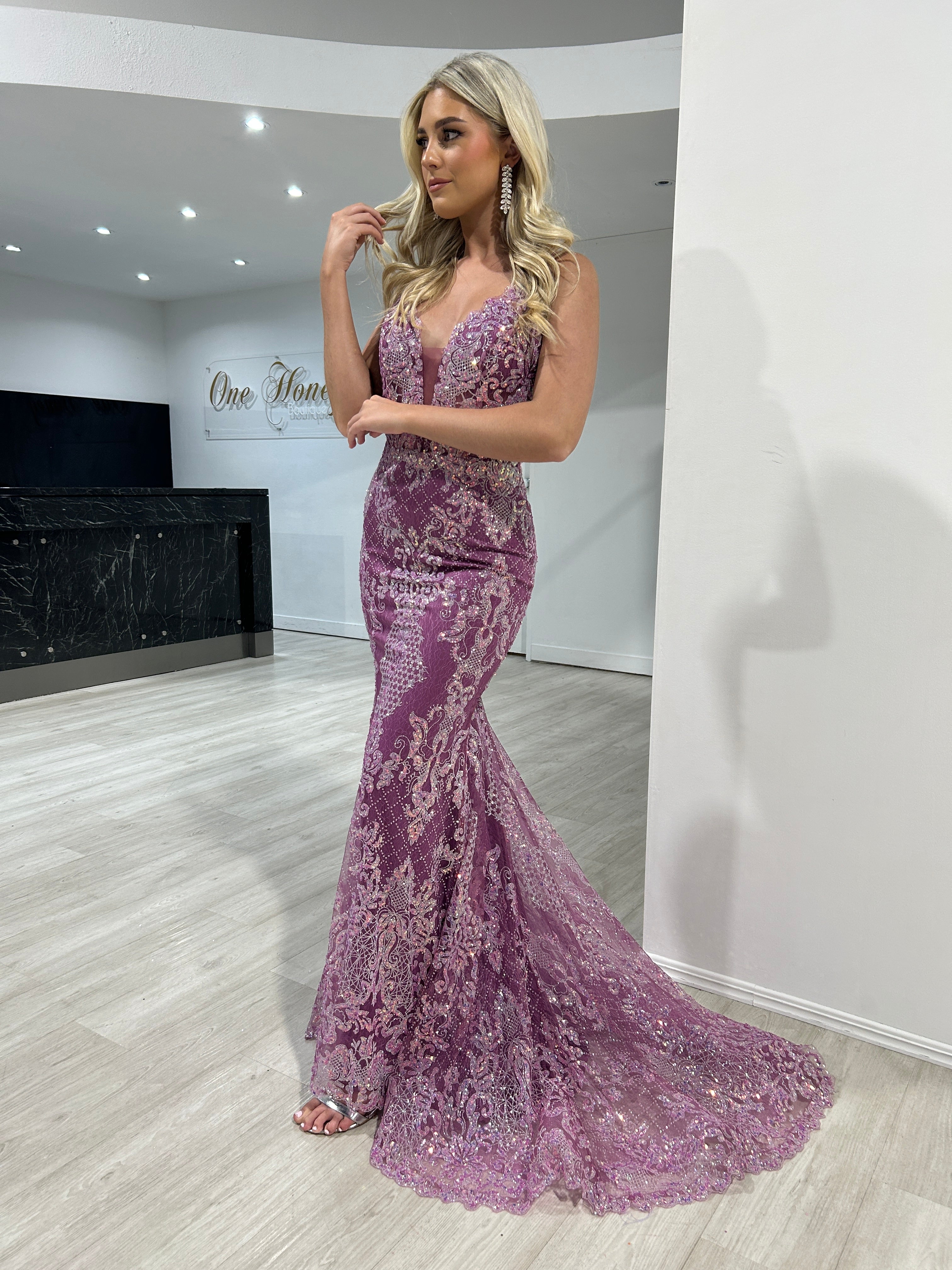 Honey Couture PETRA Amethyst Sequin V Front Corset Mermaid Formal Gown Dress