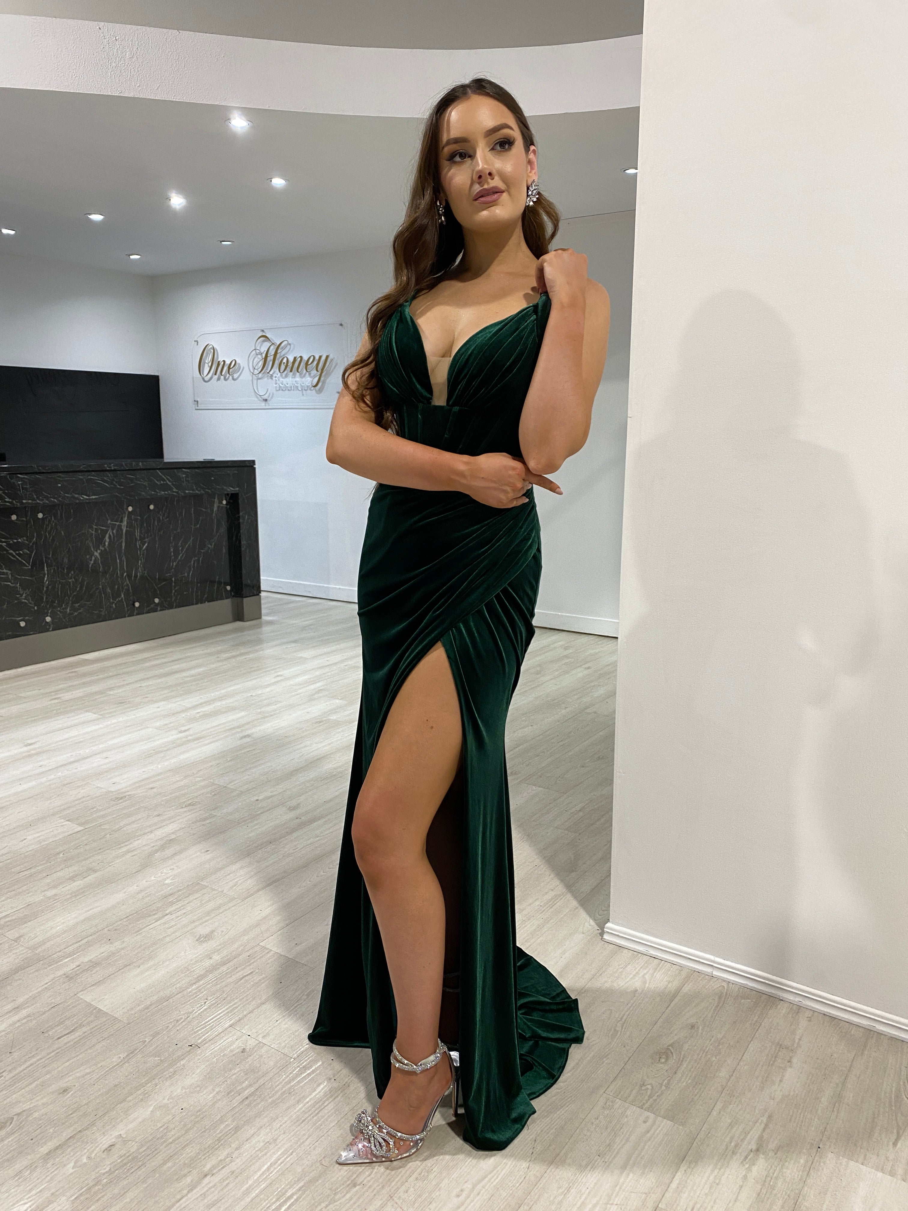 HARLEY Bustier Velour Corset Mermaid Formal Dress with thigh-high slit, elegant evening gown. Perfect for events from Brisbane to Gold Coast.