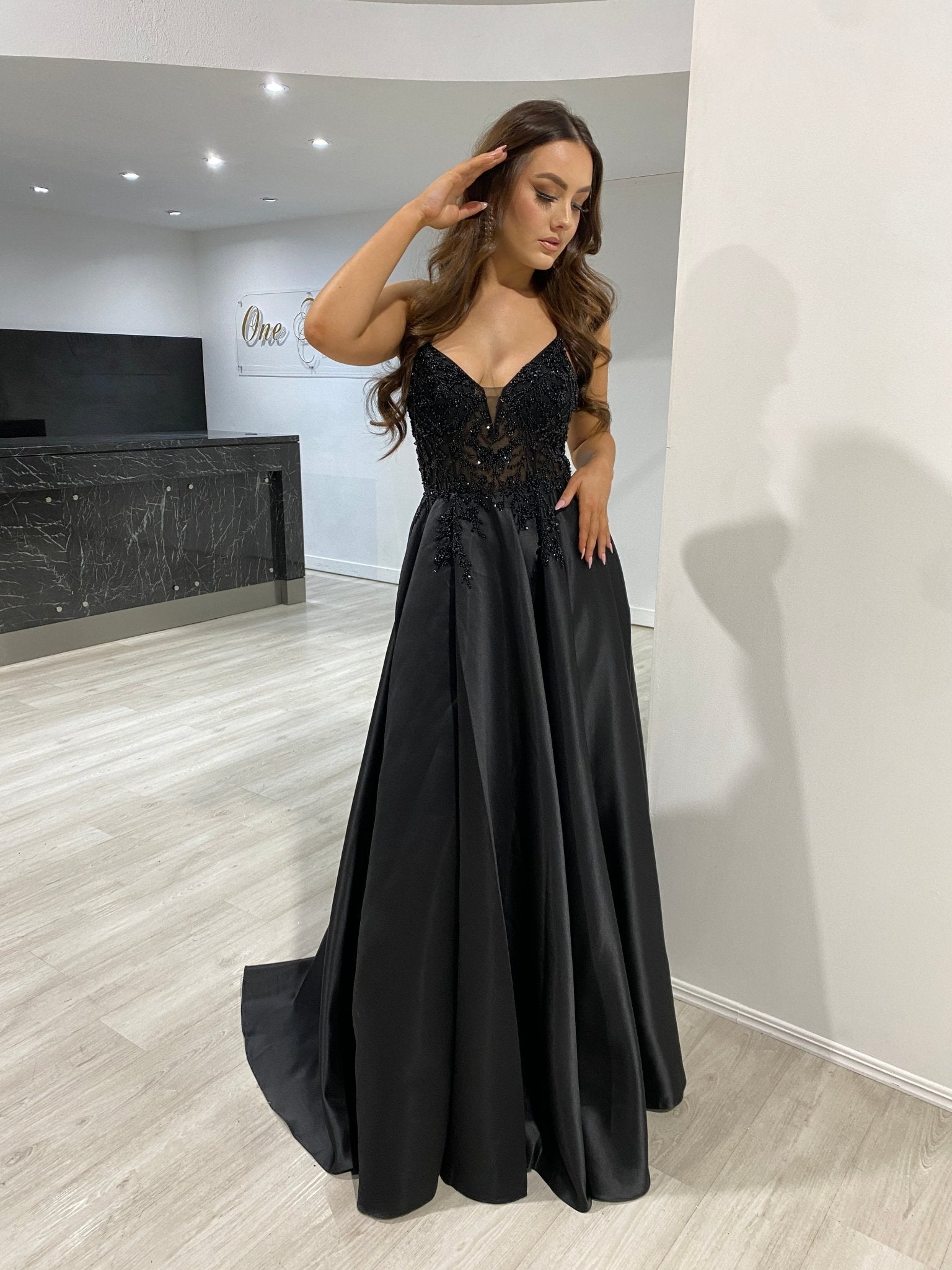 Honey Couture ALICE Black Satin A Line Beaded Bodice Formal Dress in Australia | One Honey Boutique
