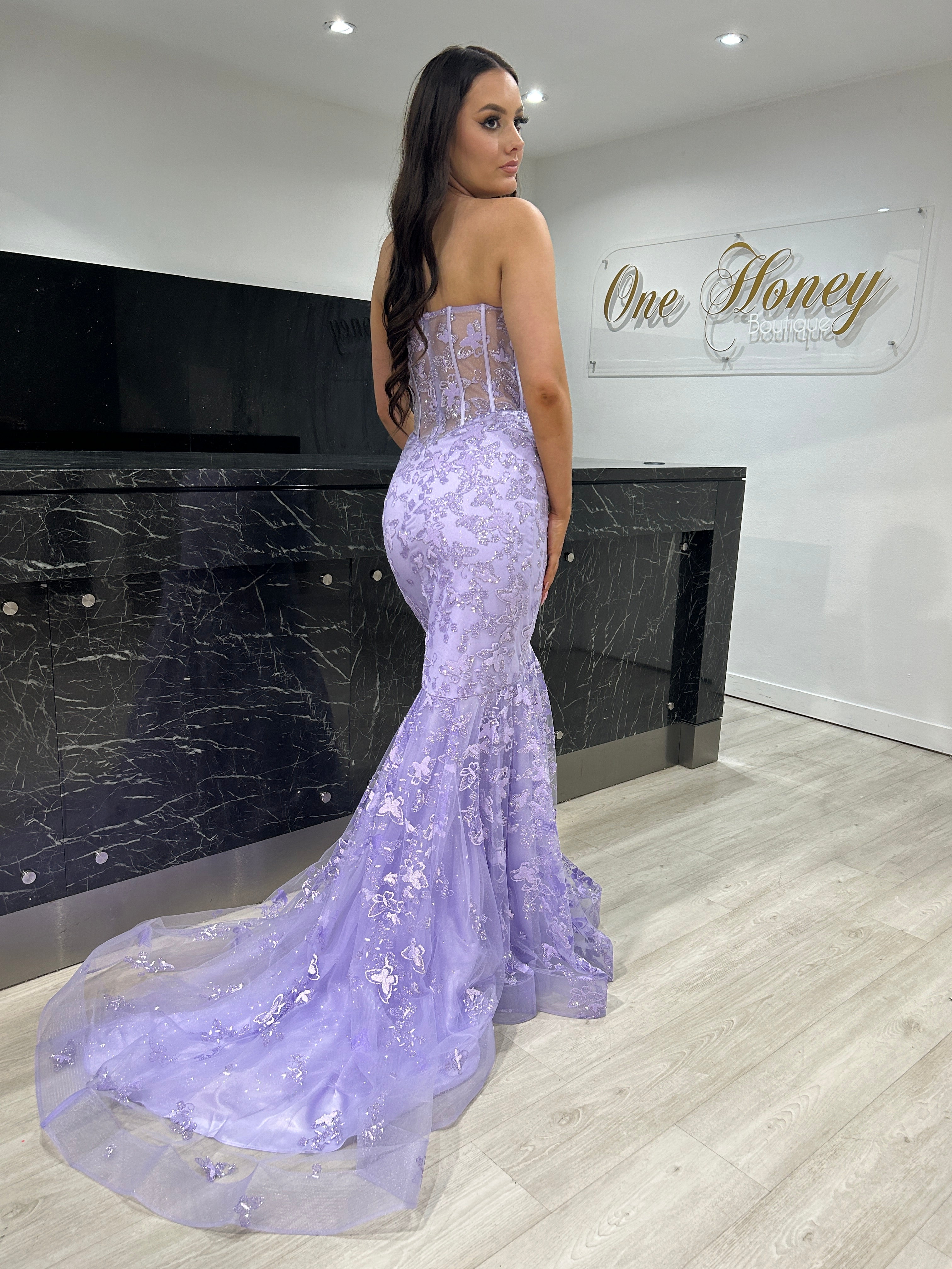 Honey Couture ENID Lavender Glitter Strapless Bustier Mermaid Formal Dress