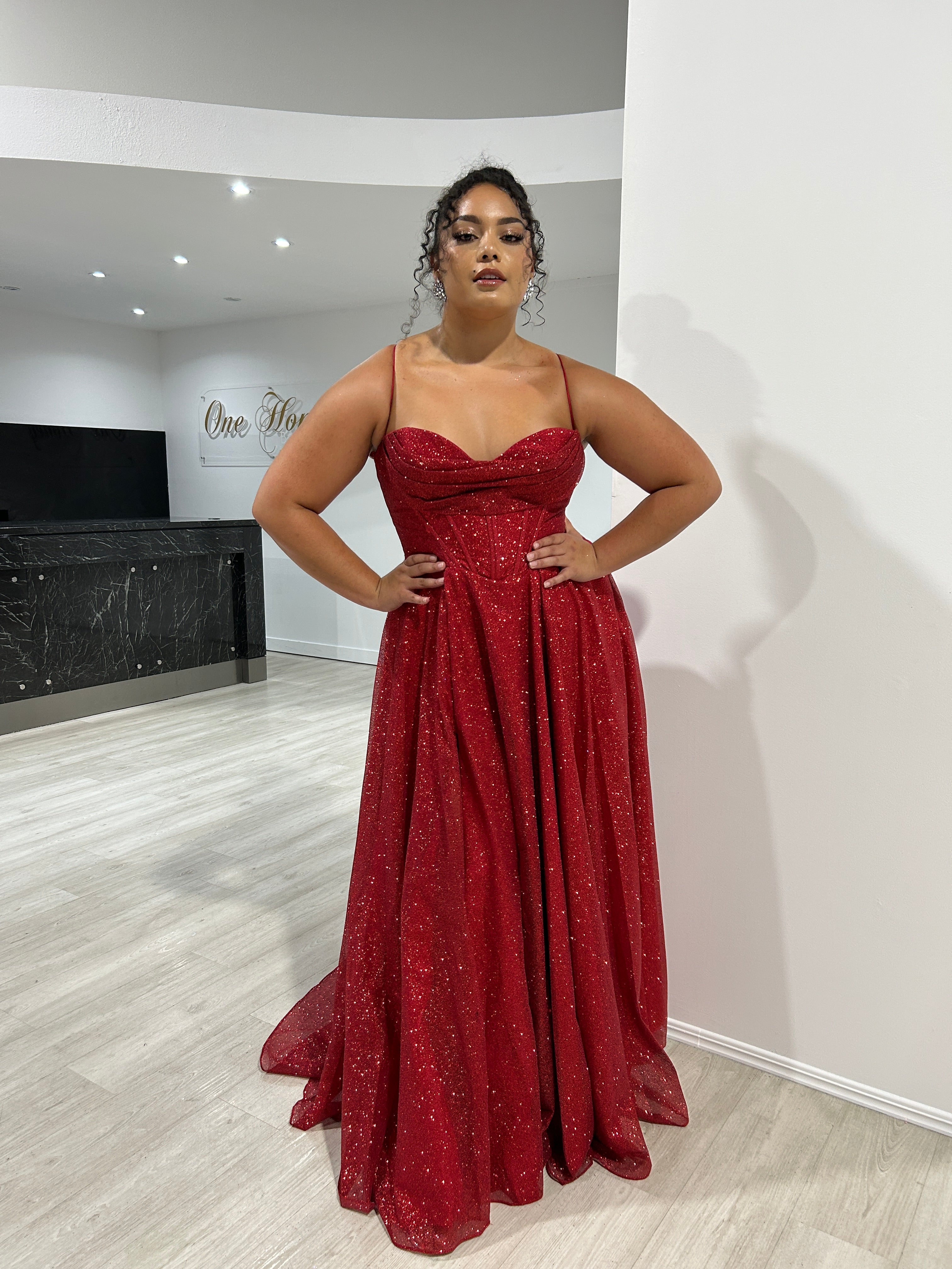 Honey Couture DREYA Curve Red Glitter Ball Gown Formal Dress