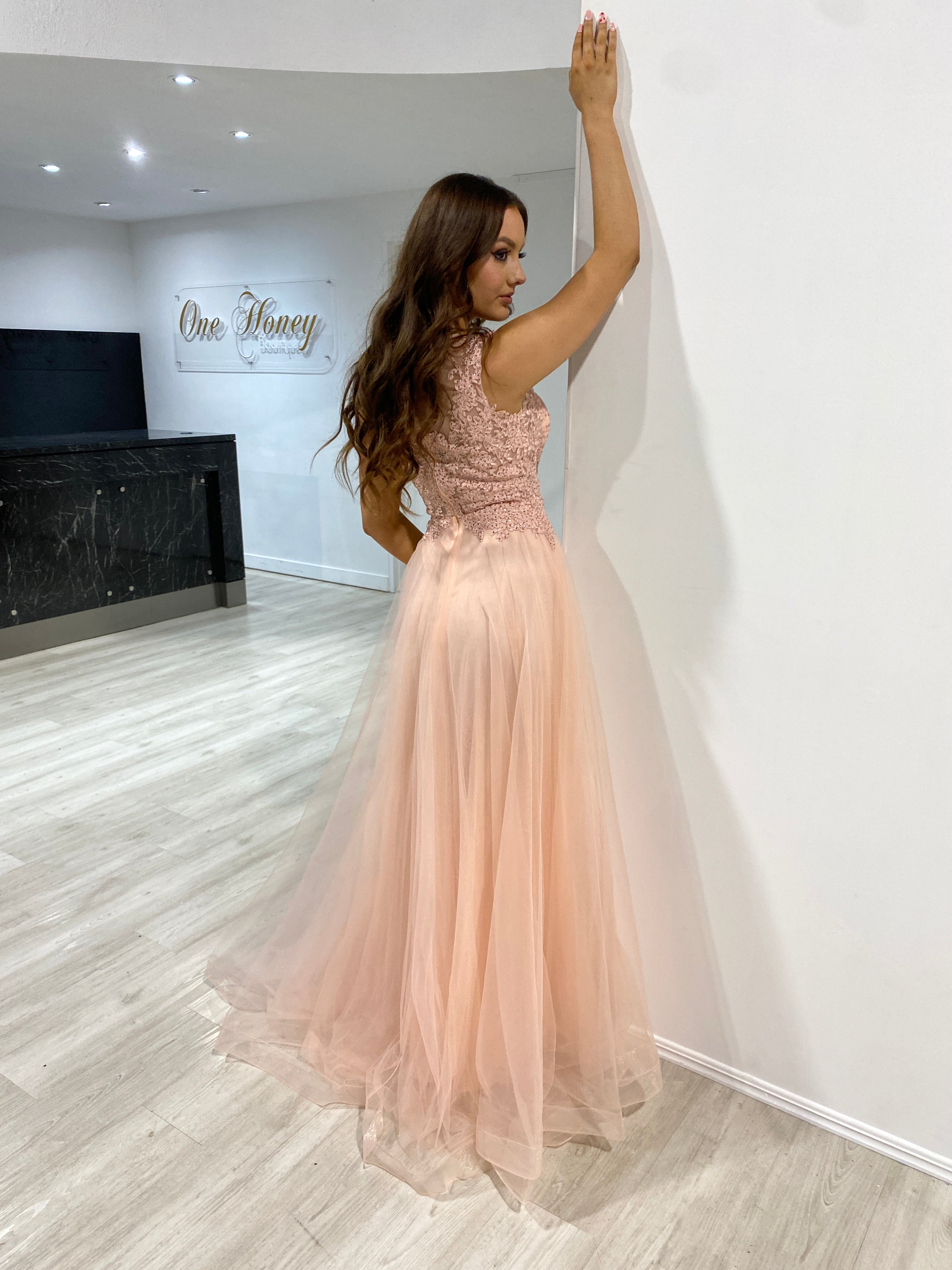 Honey Couture MADDIE Blush Tulle Lace Bodice Formal Dress, elegant peach evening gown from Australian designer, perfect for prom.