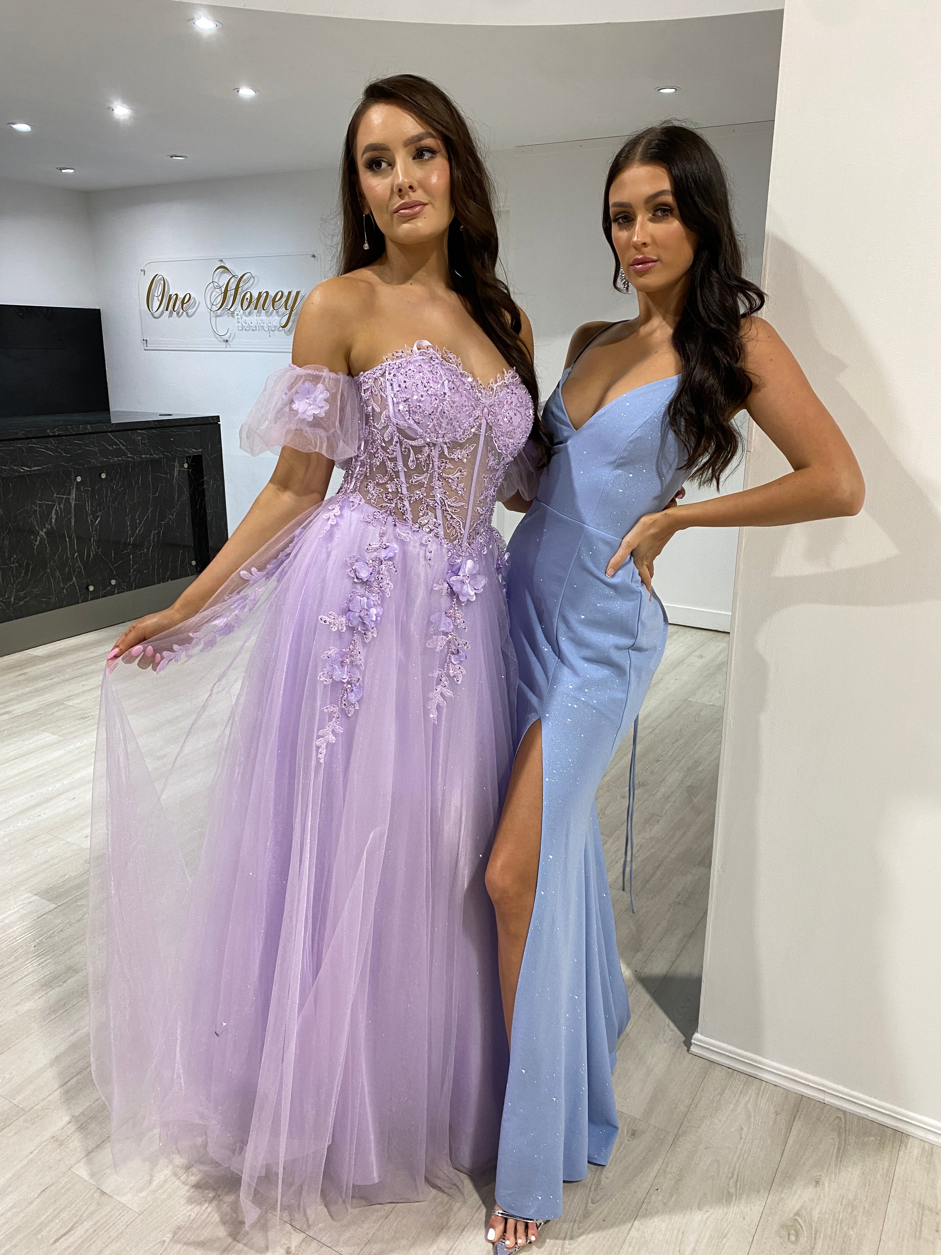 BLOOM Bustier Lace Applique Tulle Formal Dress with sheer corset bodice and A-line silhouette, evening gown. Brisbane to Gold Coast.