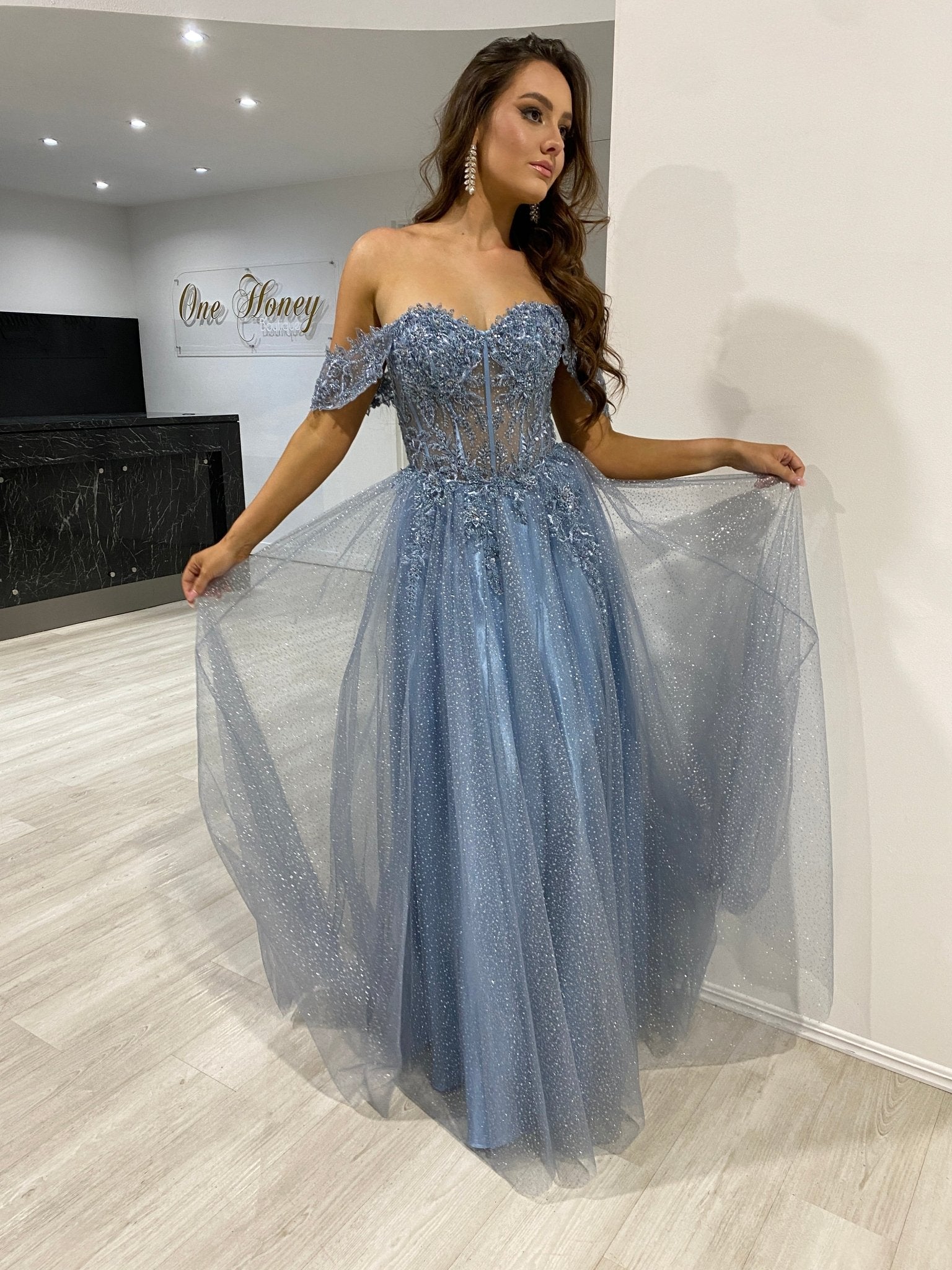 PHOEBE Off the Shoulder Bustier Lace Applique Tulle Formal Dress in Australia | One Honey Boutique