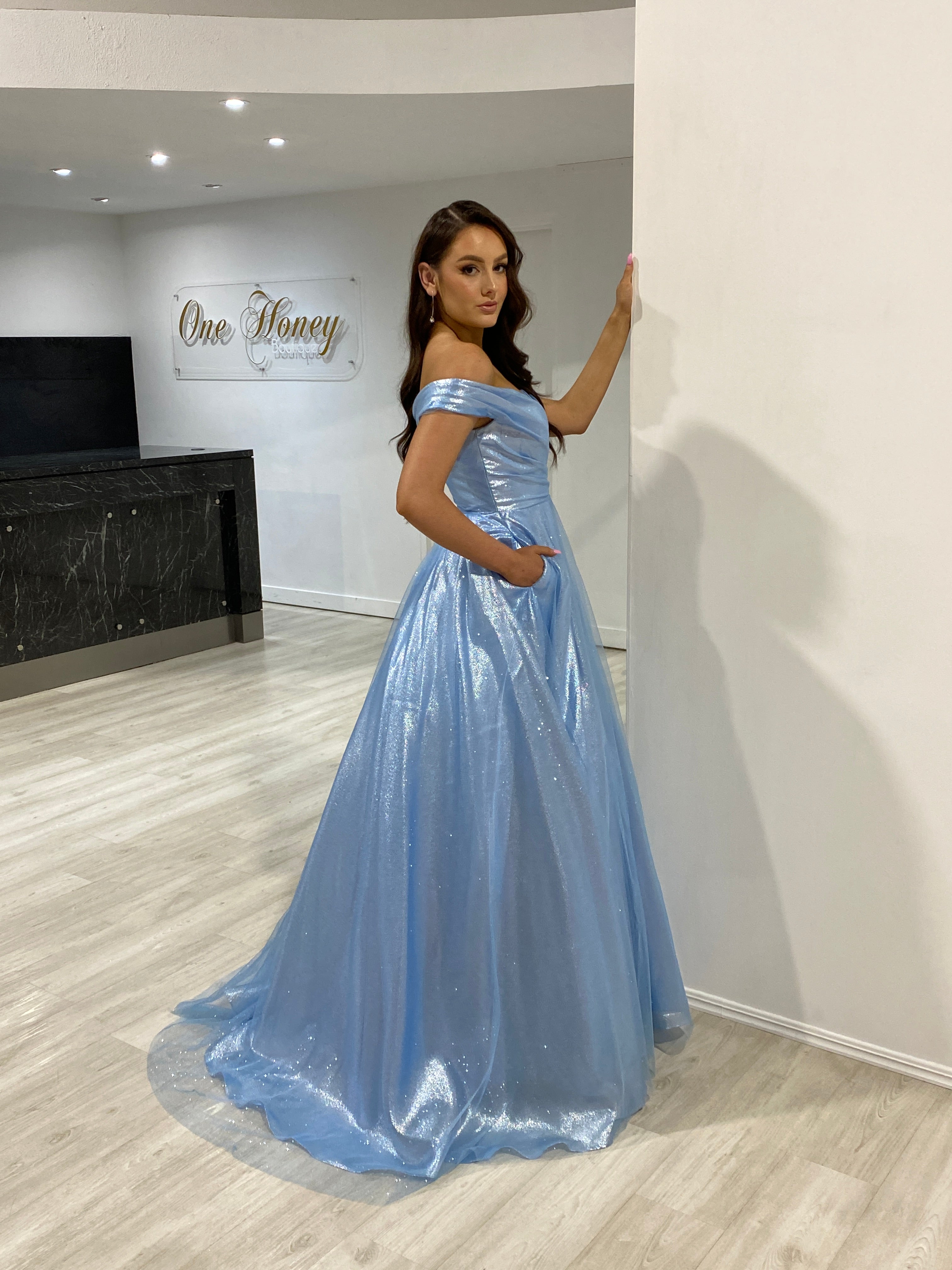 ARIANA Shimmer Off Shoulder Ballgown with glitter organza fabric, formal dress, Brisbane to Gold Coast, Australia