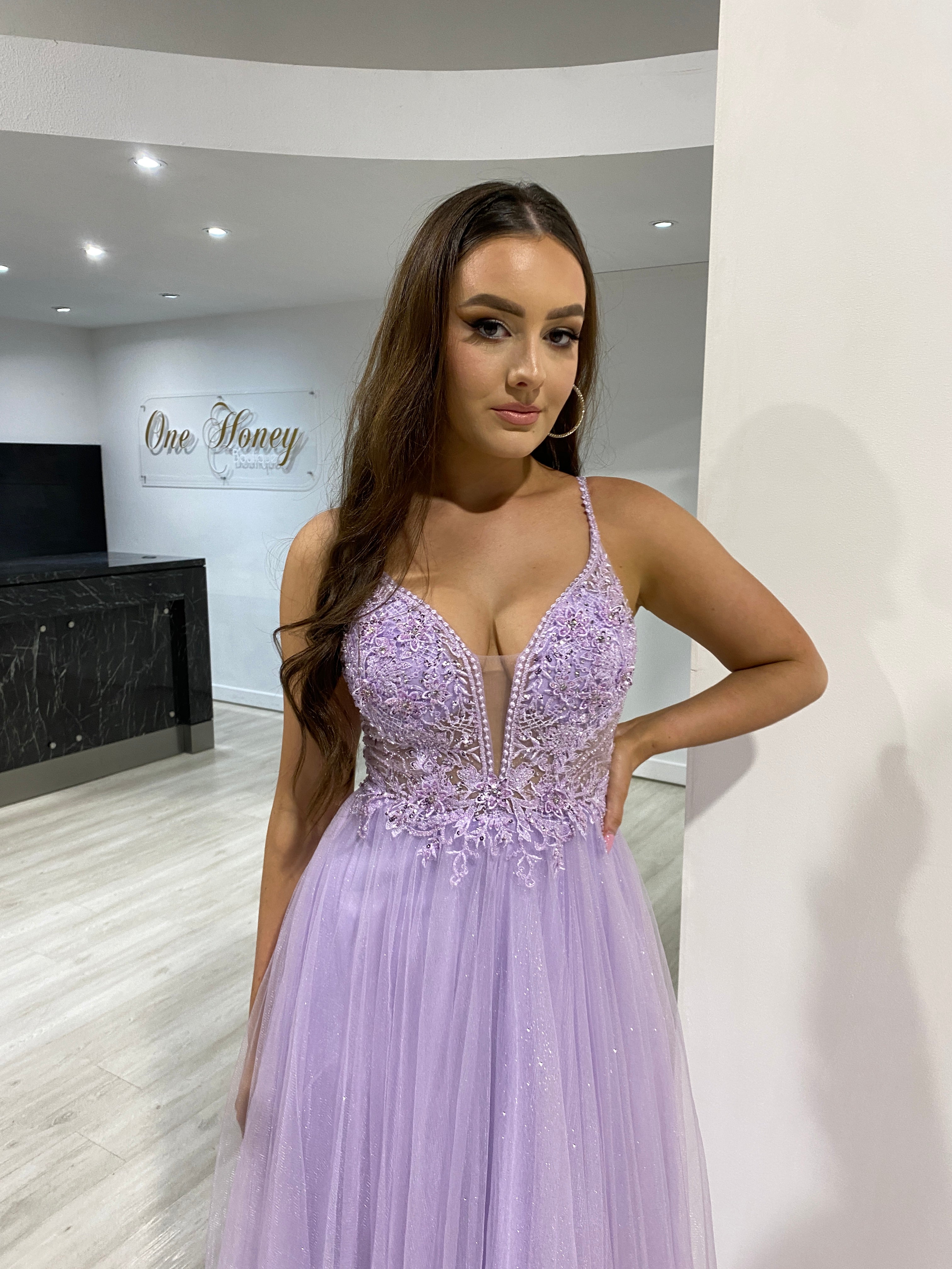 AMORET dress with beaded floral bodice and V-neckline, showcasing glamour and grace as an elegant prom gown. Brisbane to Gold Coast.