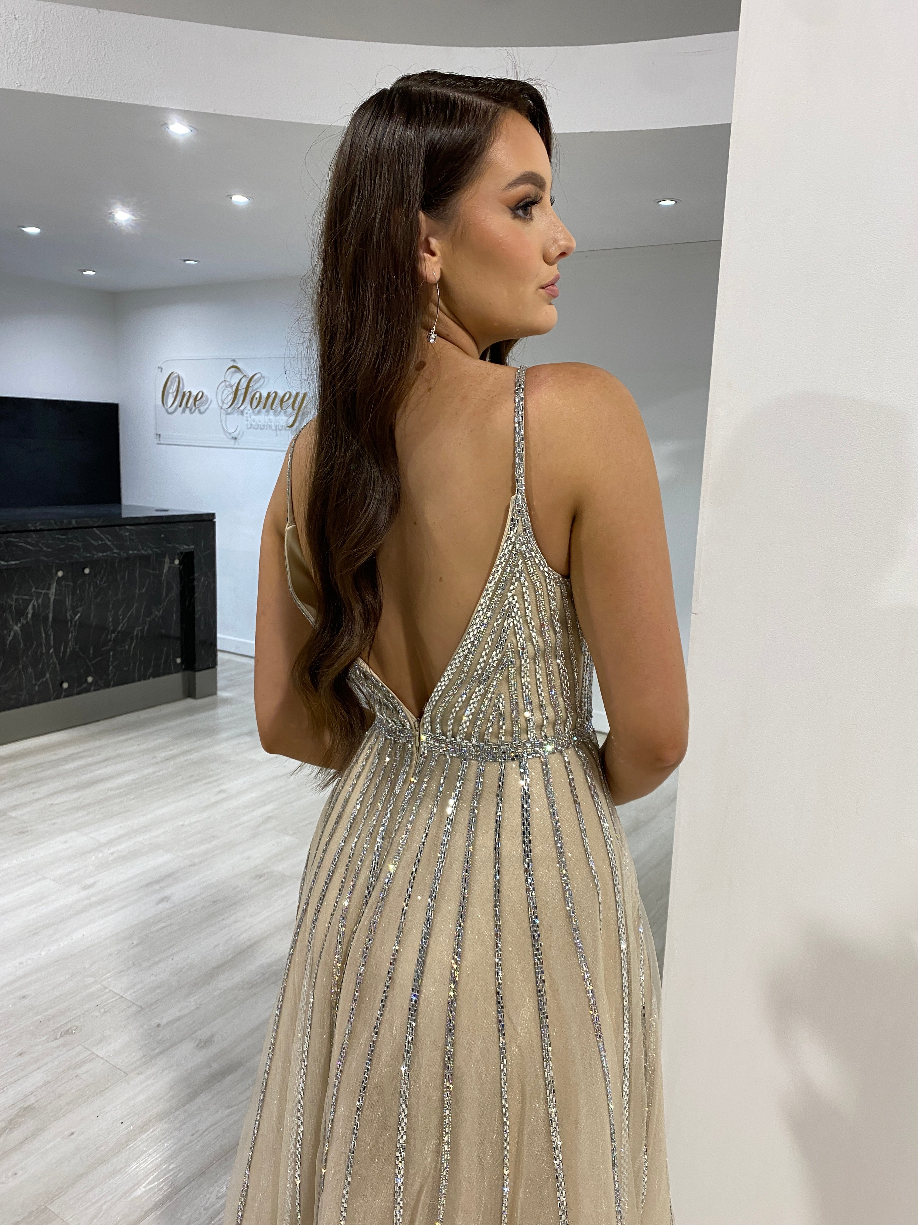 CHARLISE A Line Diamante Sequin Ballgown featuring a plunging back and shimmering beaded design. Formal dress for Brisbane to Gold Coast.