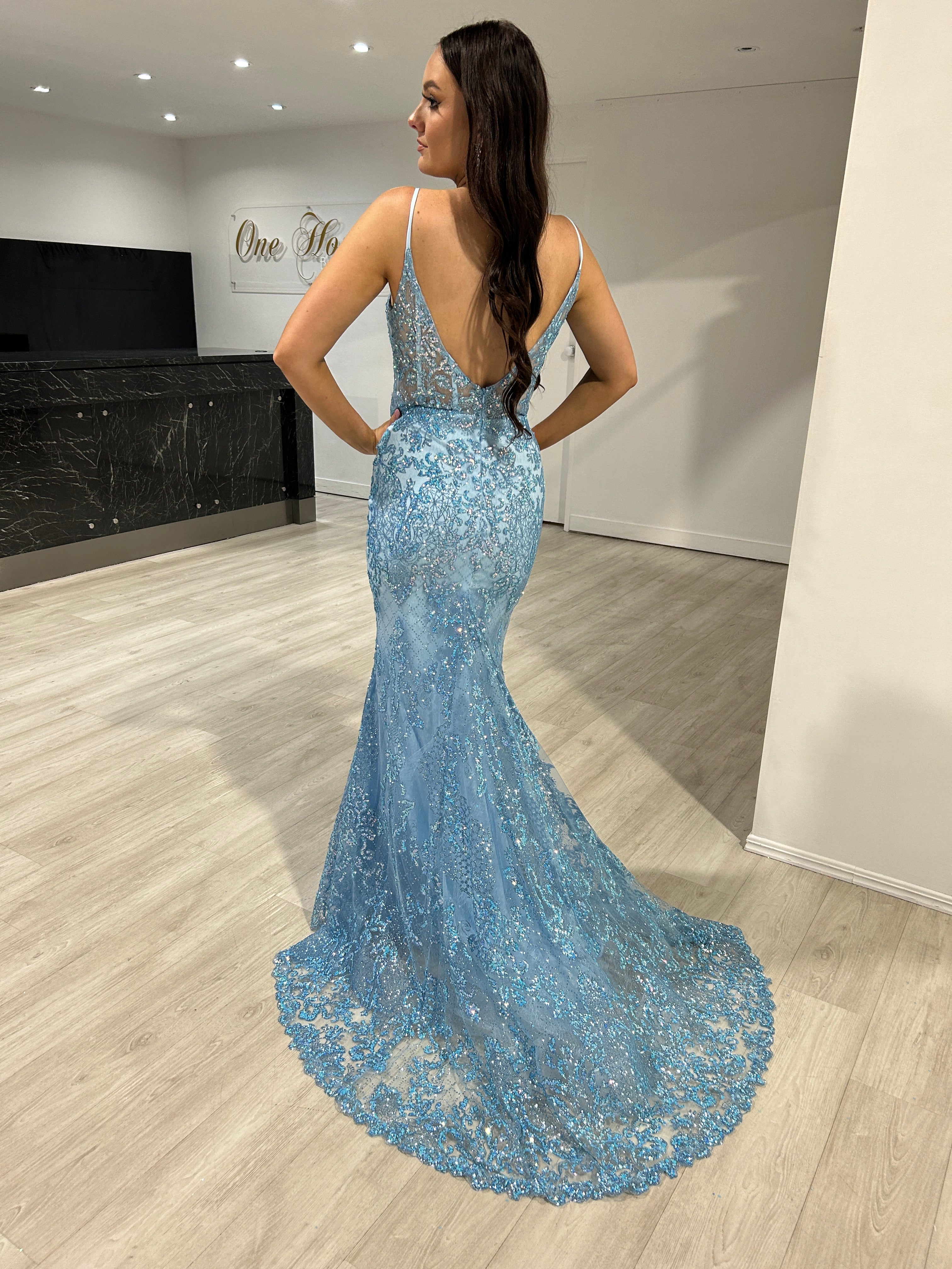 PETRA Glitter V Front Corset Mermaid Formal Gown Dress, featuring floral print and sheer bodice, perfect for evening events. Brisbane to Gold Coast