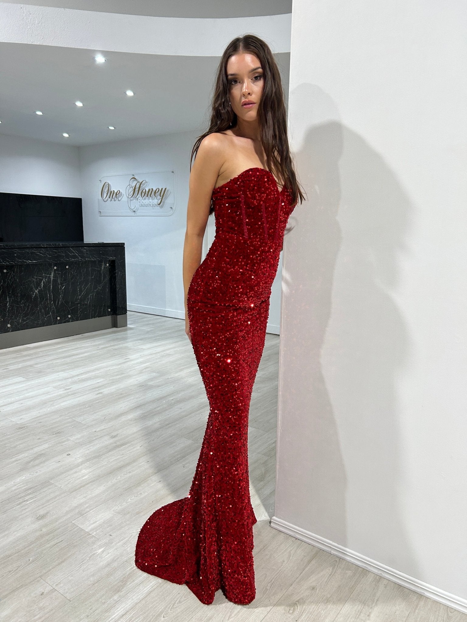 Honey Couture MADDISON Red Strapless Mermaid Evening Dress in Australia | One Honey Boutique