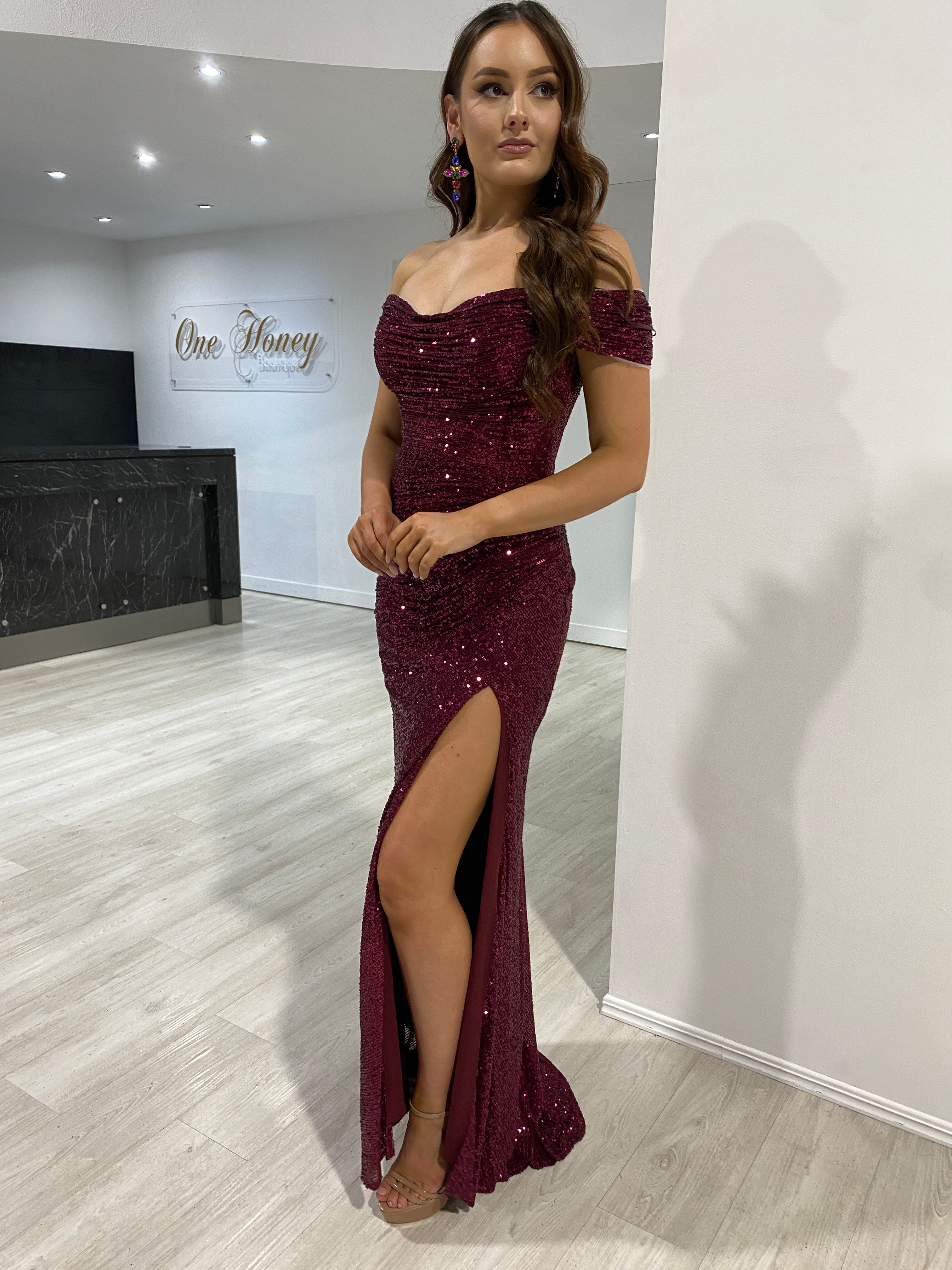 ALLEGRA off-the-shoulder sequin lace-up evening gown with ruched detailing and thigh-high slit. Perfect for formal events. Brisbane to Gold Coast.