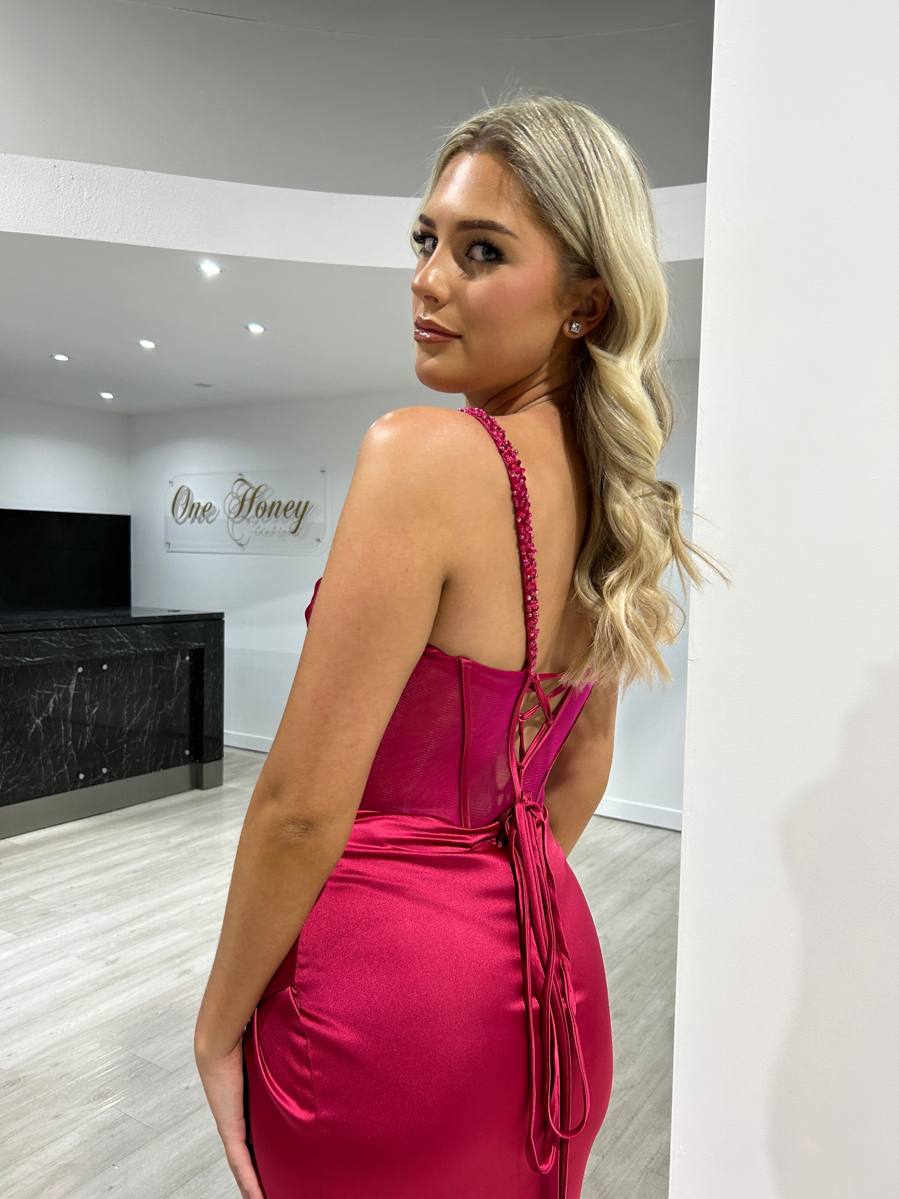 Honey Couture KAT Satin Beaded Detail Corset Bustier Formal Dress