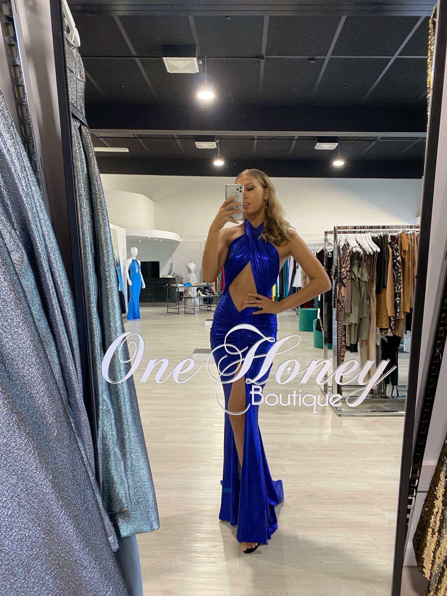 Honey Couture DARIA Electric Blue Bum Ruching Cut Out Tie Up Formal Dress in Australia | One Honey Boutique