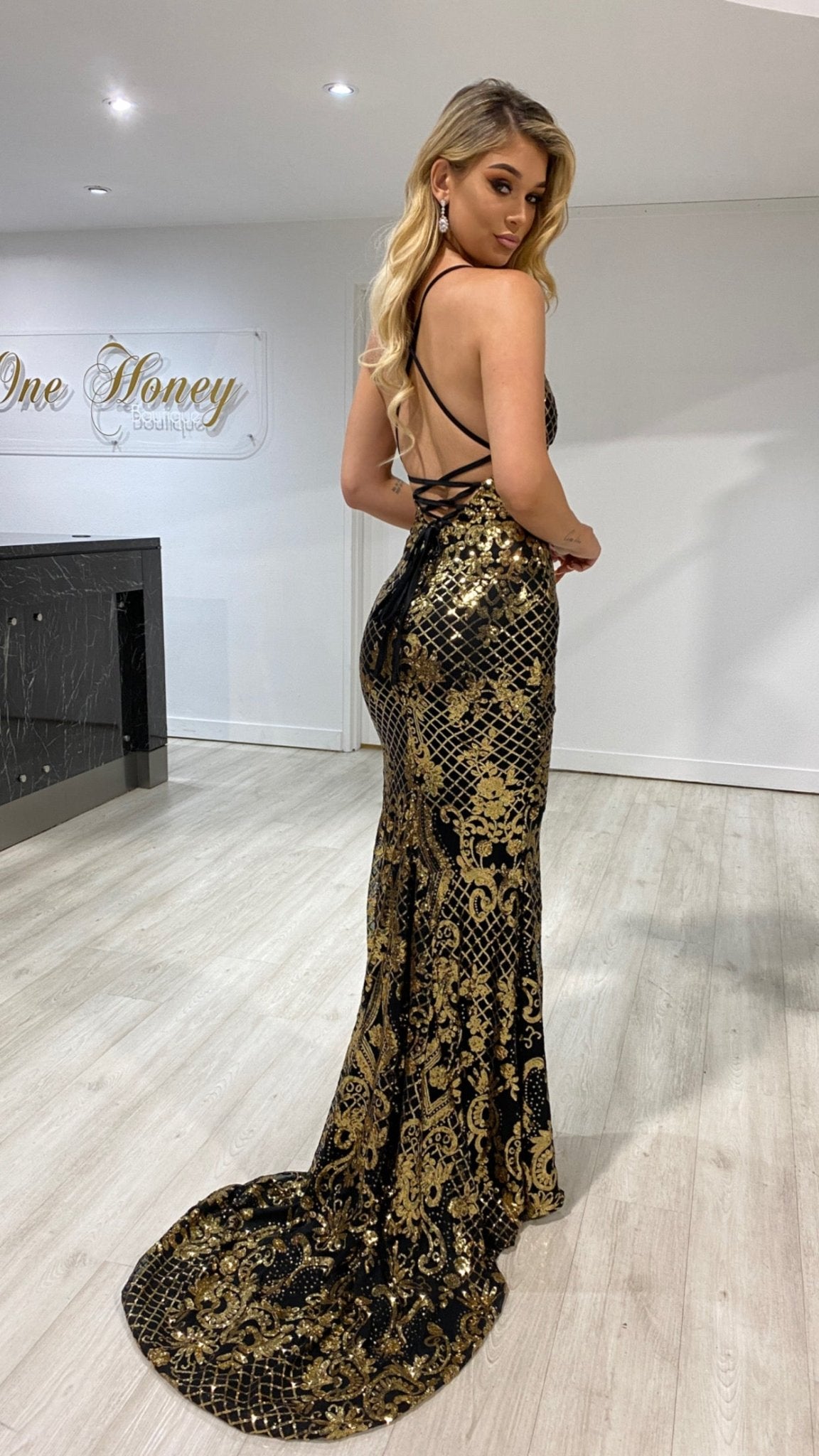 Honey Couture VIXEN Black & Gold Low Back Mermaid Sequin Formal Dress in Australia | One Honey Boutique