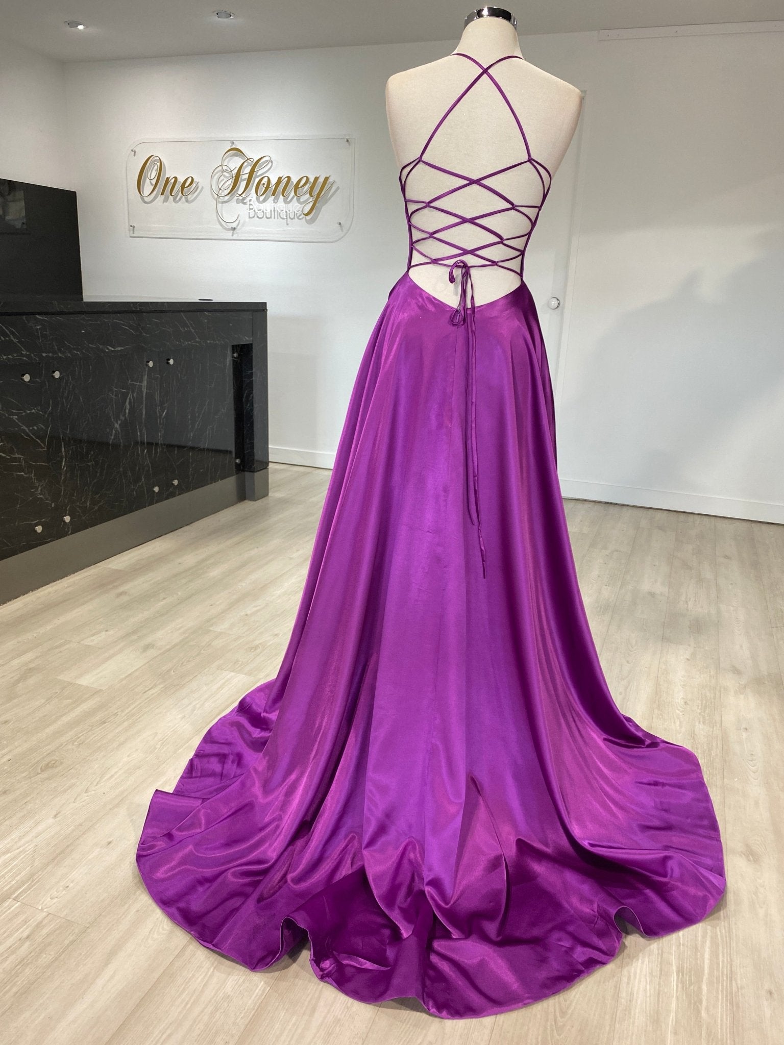 Honey Couture LUCINDA Lace Up Back Satin A Line Formal Dress in Australia | One Honey Boutique