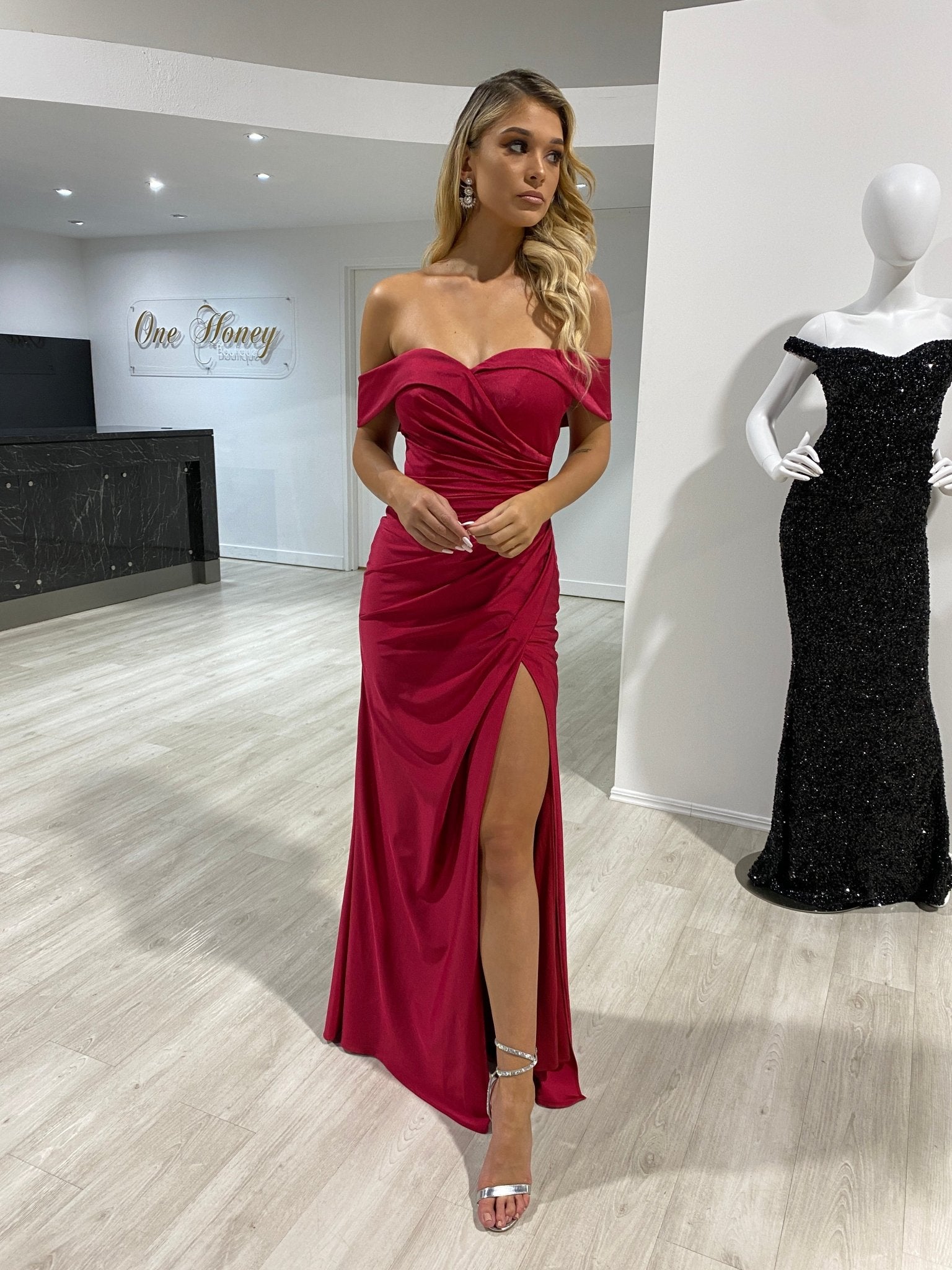LAILA Off Shoulder Silky Bridesmaid Semi Formal Dress in Australia | One Honey Boutique