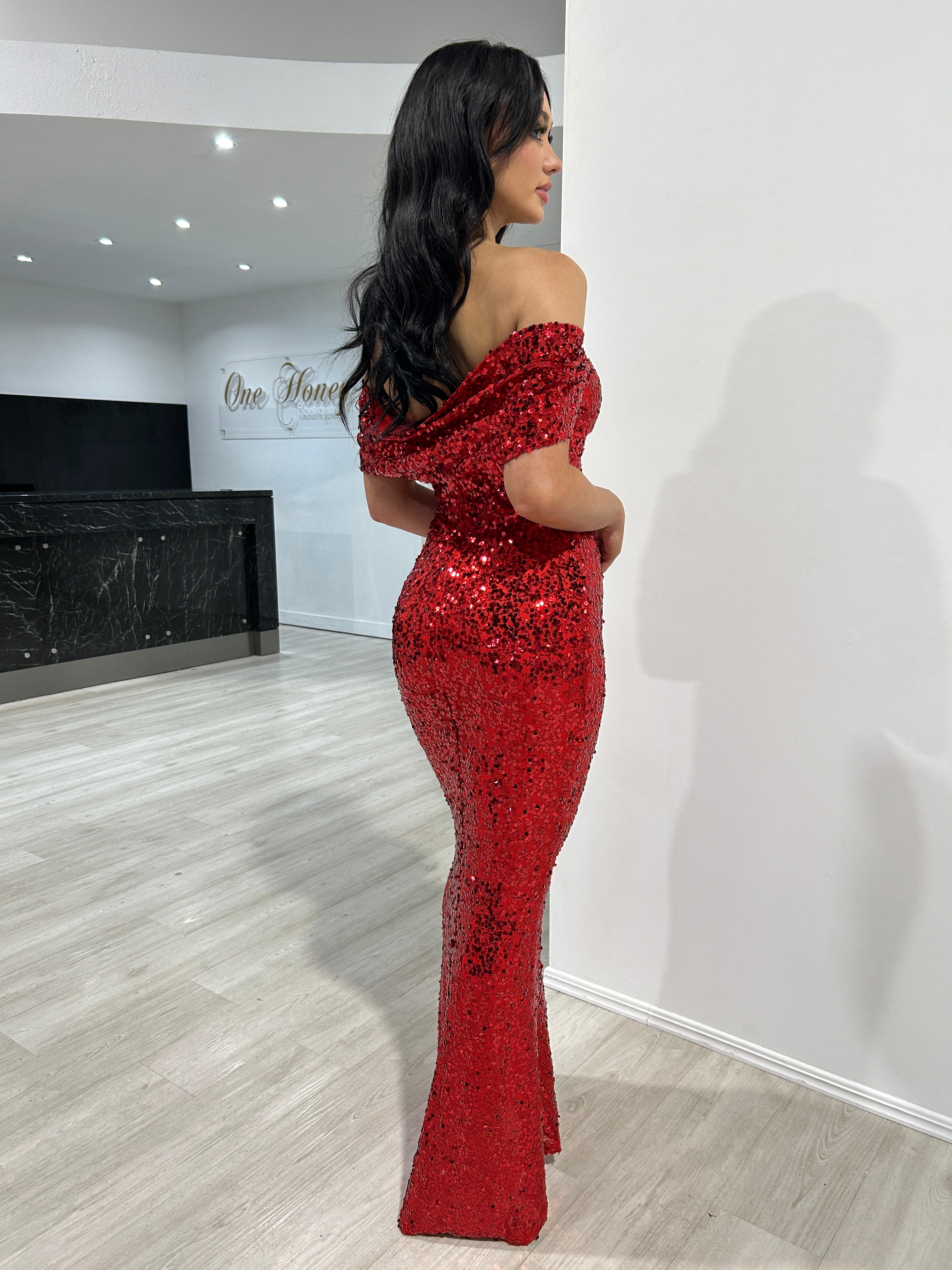 Honey Couture COLLEN red off-the-shoulder sequin mermaid evening dress, designed by Australian designer, perfect for prom or special occasions.