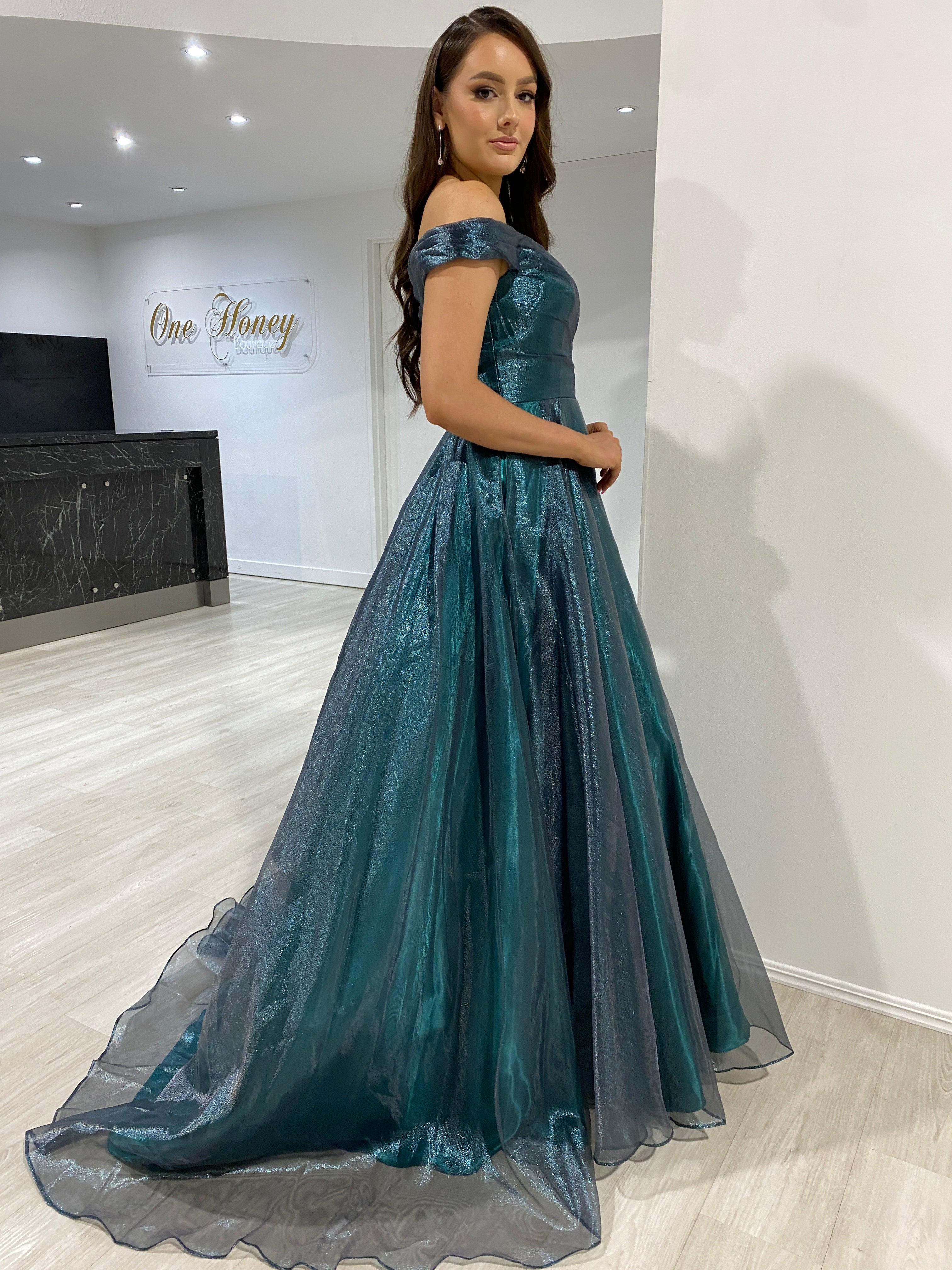 SARIA Off Shoulder Shimmer Ballgown with sweetheart neckline, flowing layered skirt prom dress. Brisbane to Gold Coast.