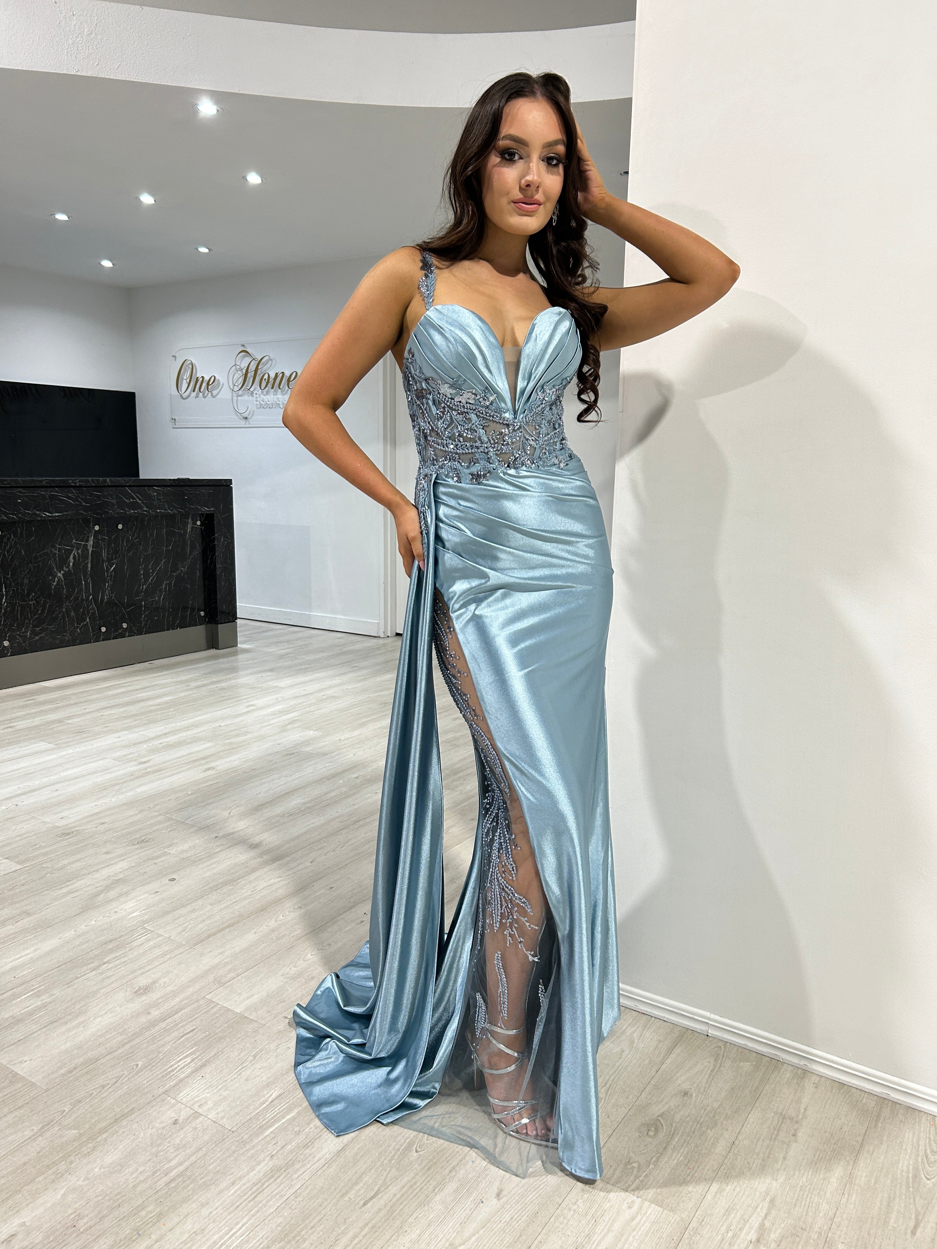 ANTONIA Embellished Corset Satin Mermaid Formal Dress featuring lace waistline and beaded sheer slit evening gown. Brisbane to Gold Coast.