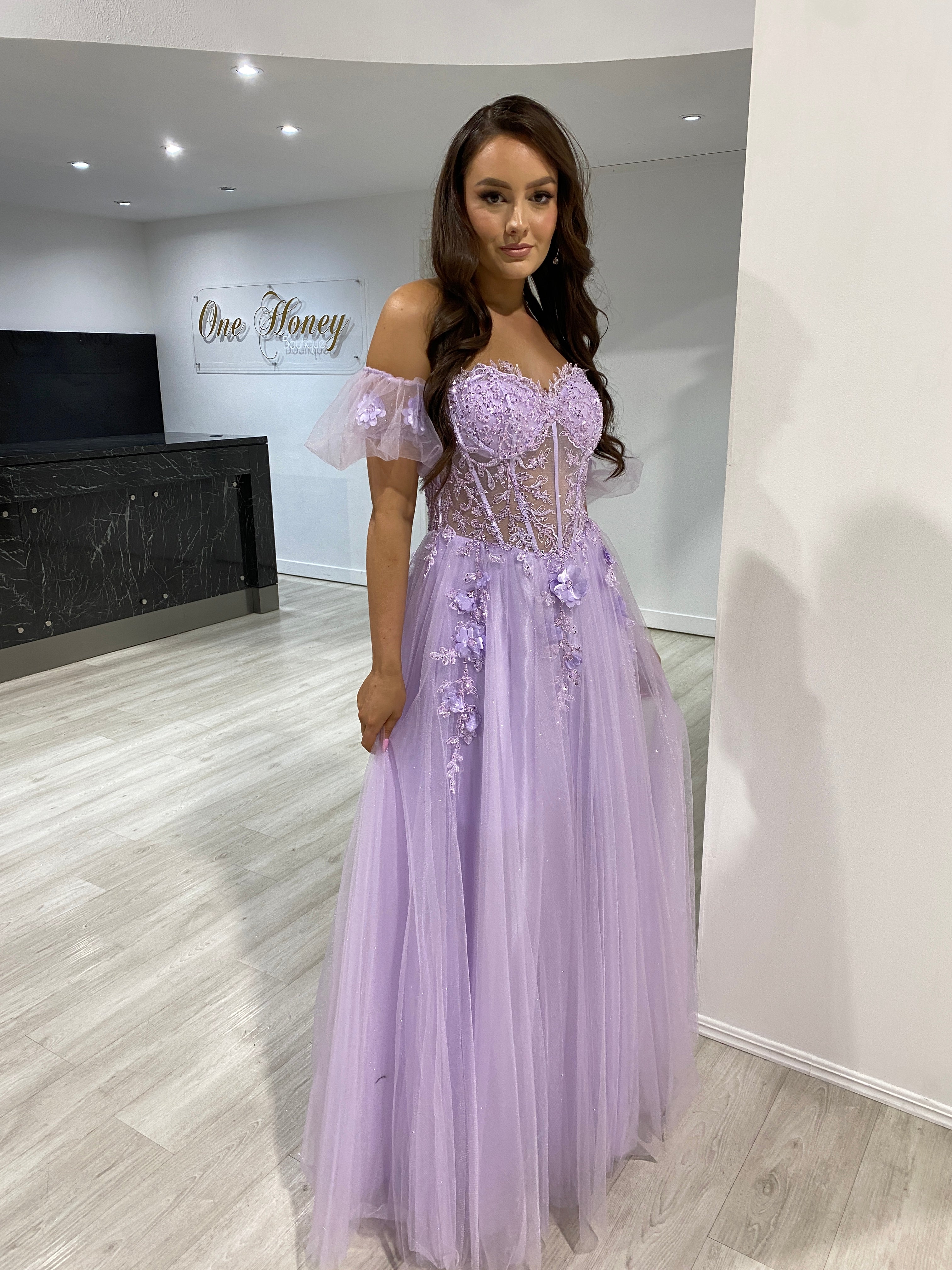 BLOOM Bustier Lace Applique Tulle Formal Dress with sheer corset bodice, off-shoulder sleeves. Evening gown, Brisbane to Gold Coast.