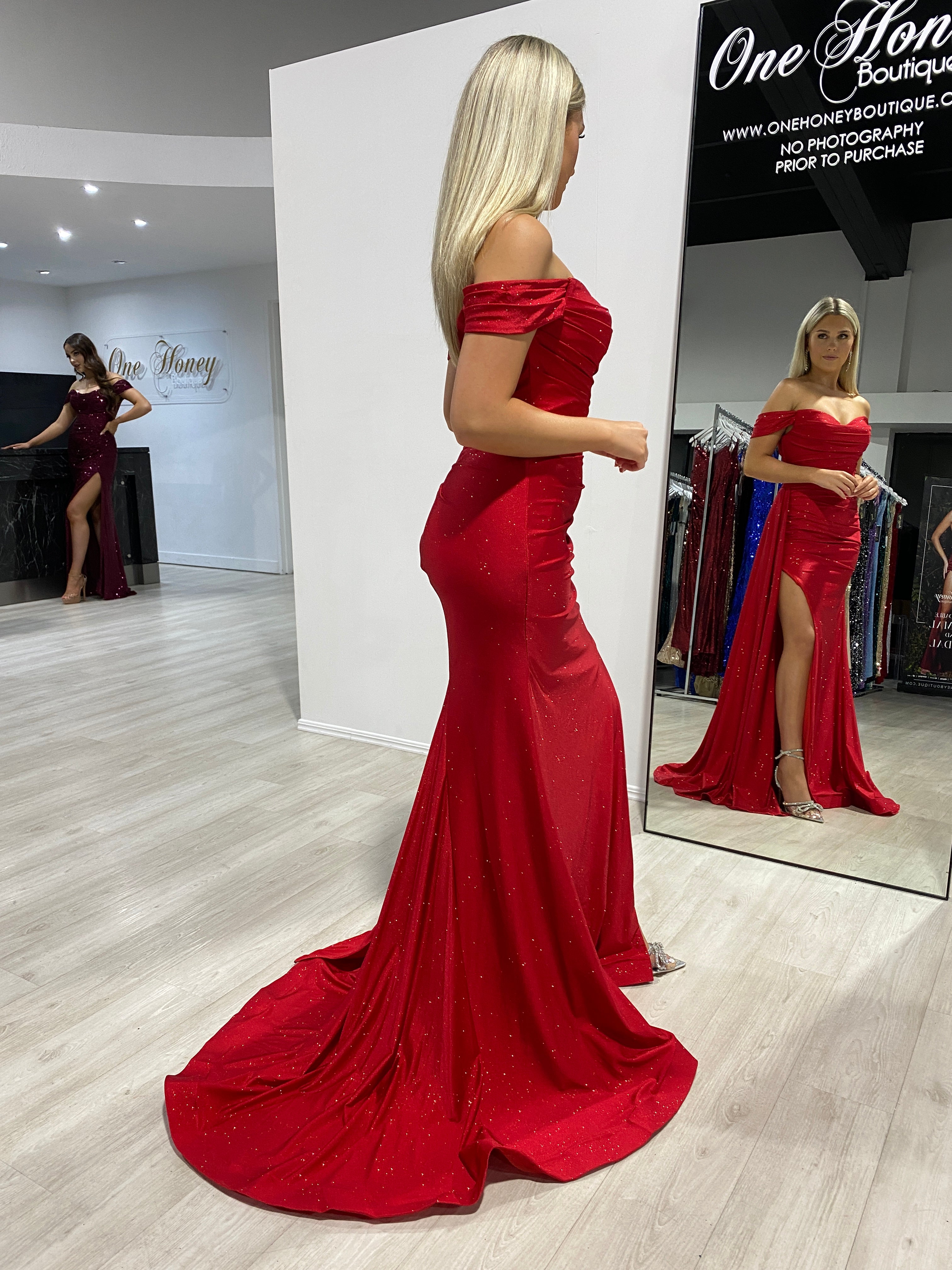 CHRISTINA red off-shoulder glitter gown with waist gathering and leg slit, ideal as an evening dress. Brisbane to Gold Coast, Australia.