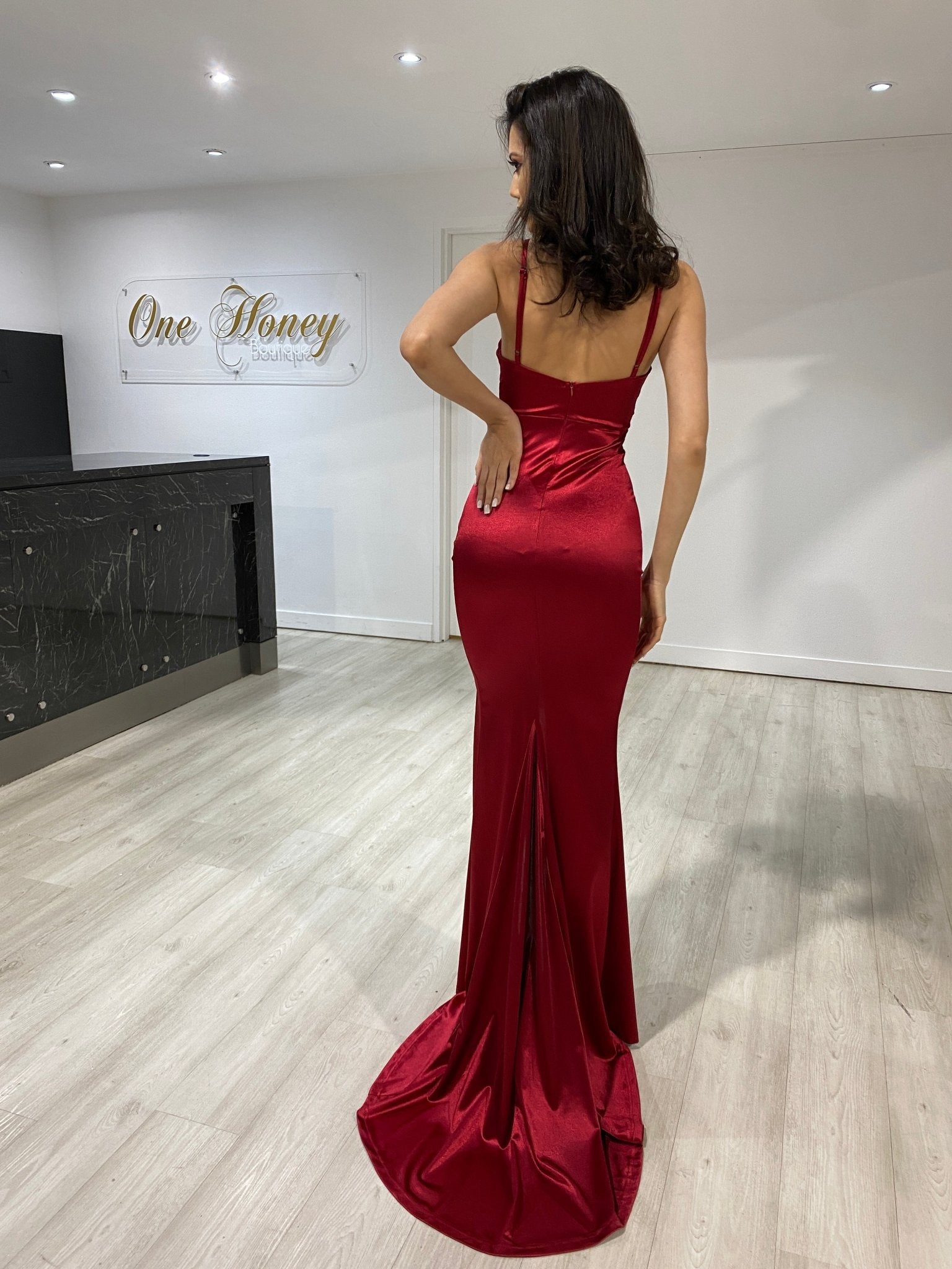 Honey Couture RAYNE Burgundy Silky Knot Feature Mermaid Formal Dress in Australia | One Honey Boutique