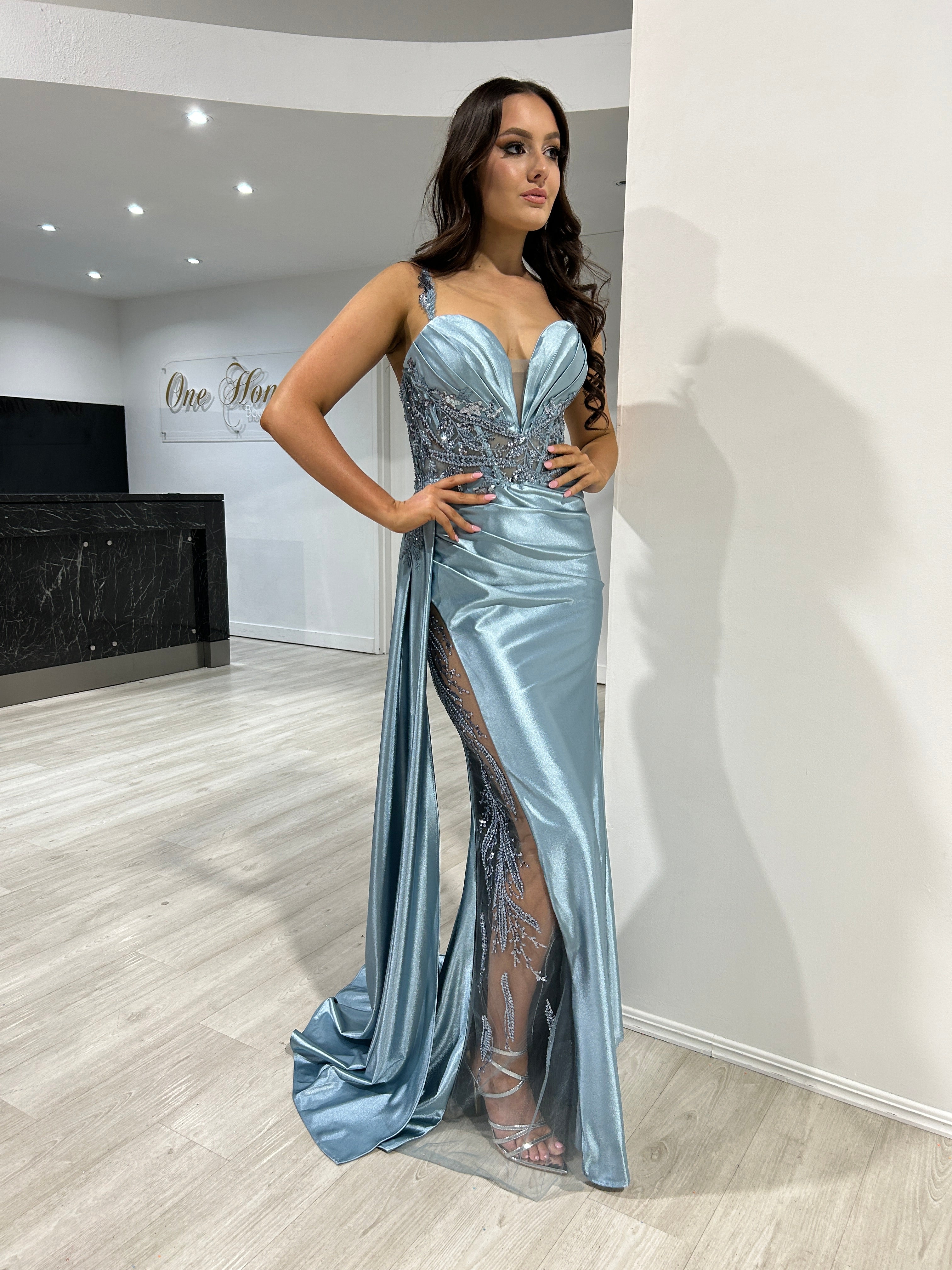 ANTONIA satin mermaid dress with embellished waist and beaded slit, evening gown. Brisbane to Gold Coast, Australia.