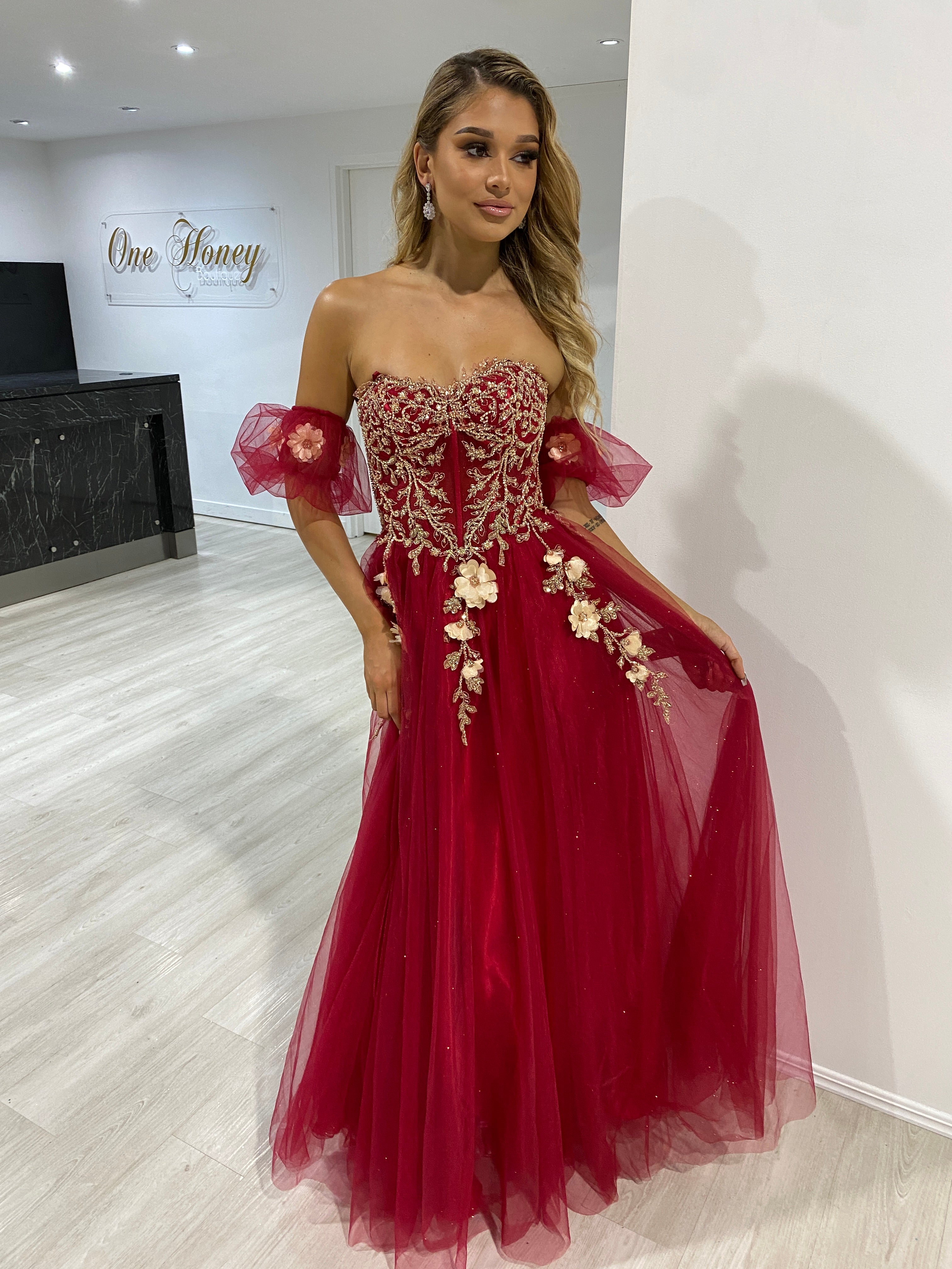 BLOOM Bustier Lace Applique Formal Dress with lace bodice and tulle skirt. Perfect for evening gown events. Brisbane to Gold Coast, Australia.