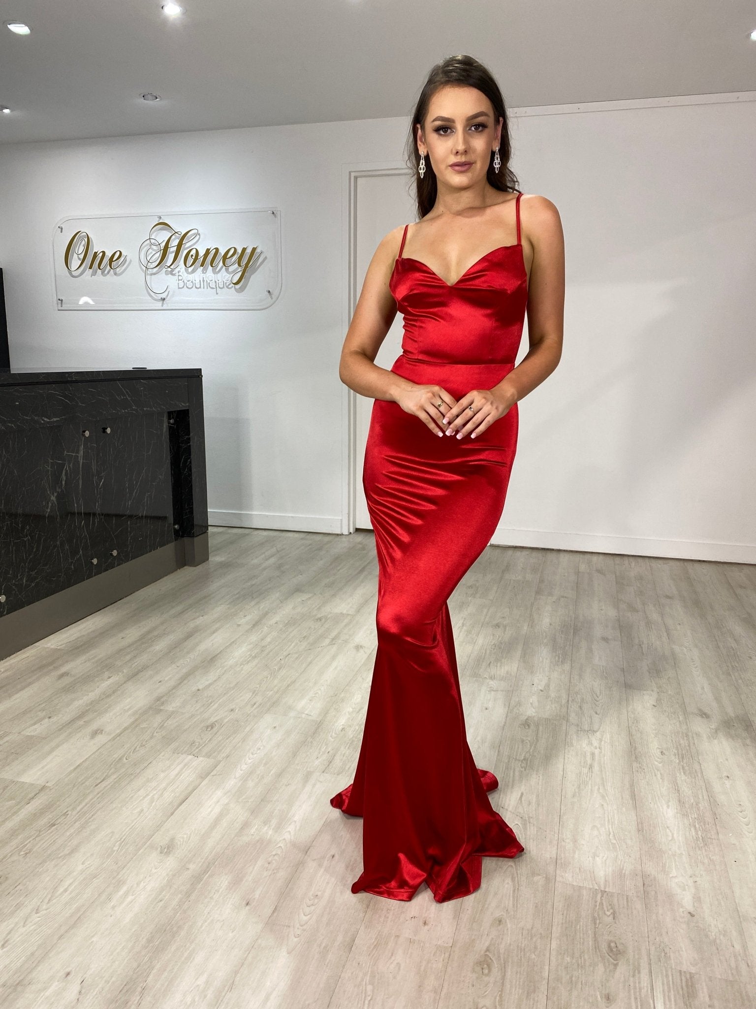 Honey Couture DANA Red Bum Ruching Cut Out Back Formal Dress in Australia | One Honey Boutique