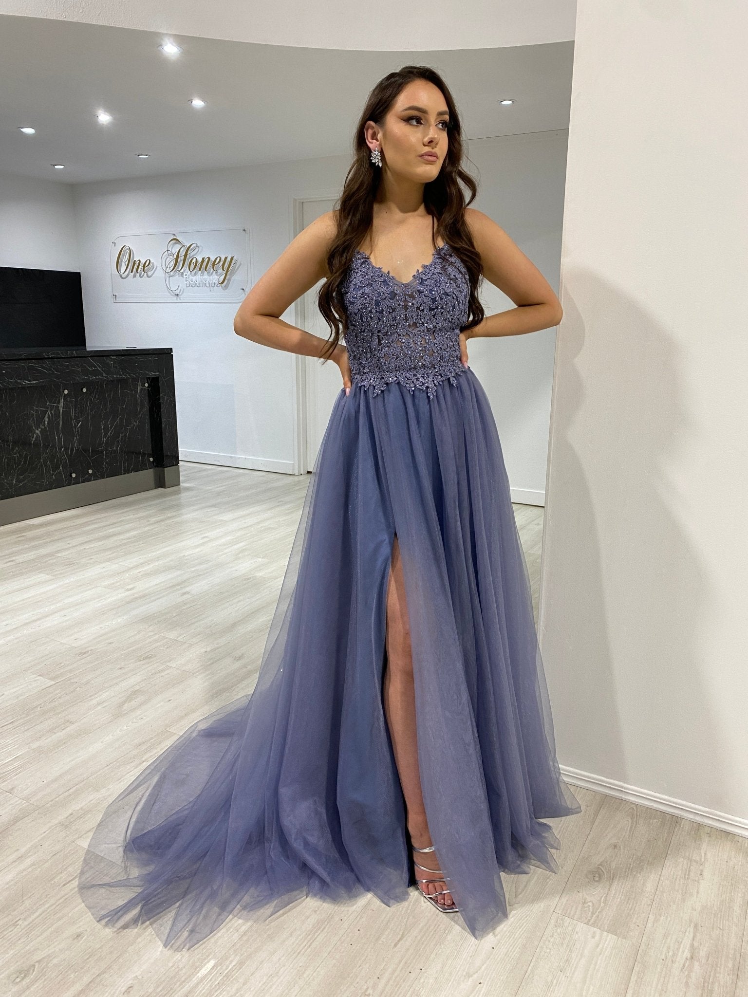strapless open back dress Honey Couture NORAN Smokey Purple Diamanté Tulle Corset Back Formal Go