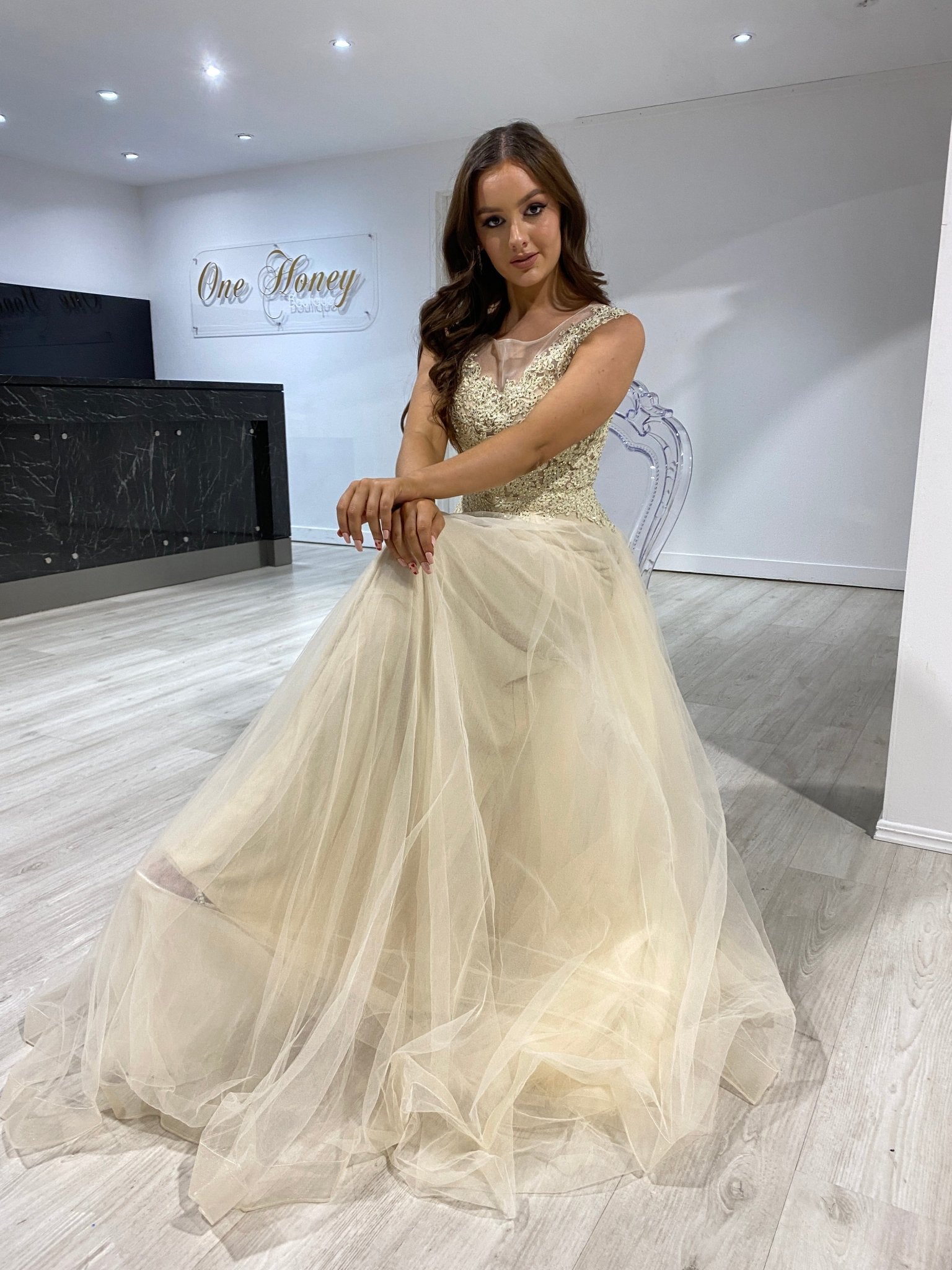 Honey Couture MADDIE Champagne Tulle Lace Bodice Formal Dress in Australia | One Honey Boutique