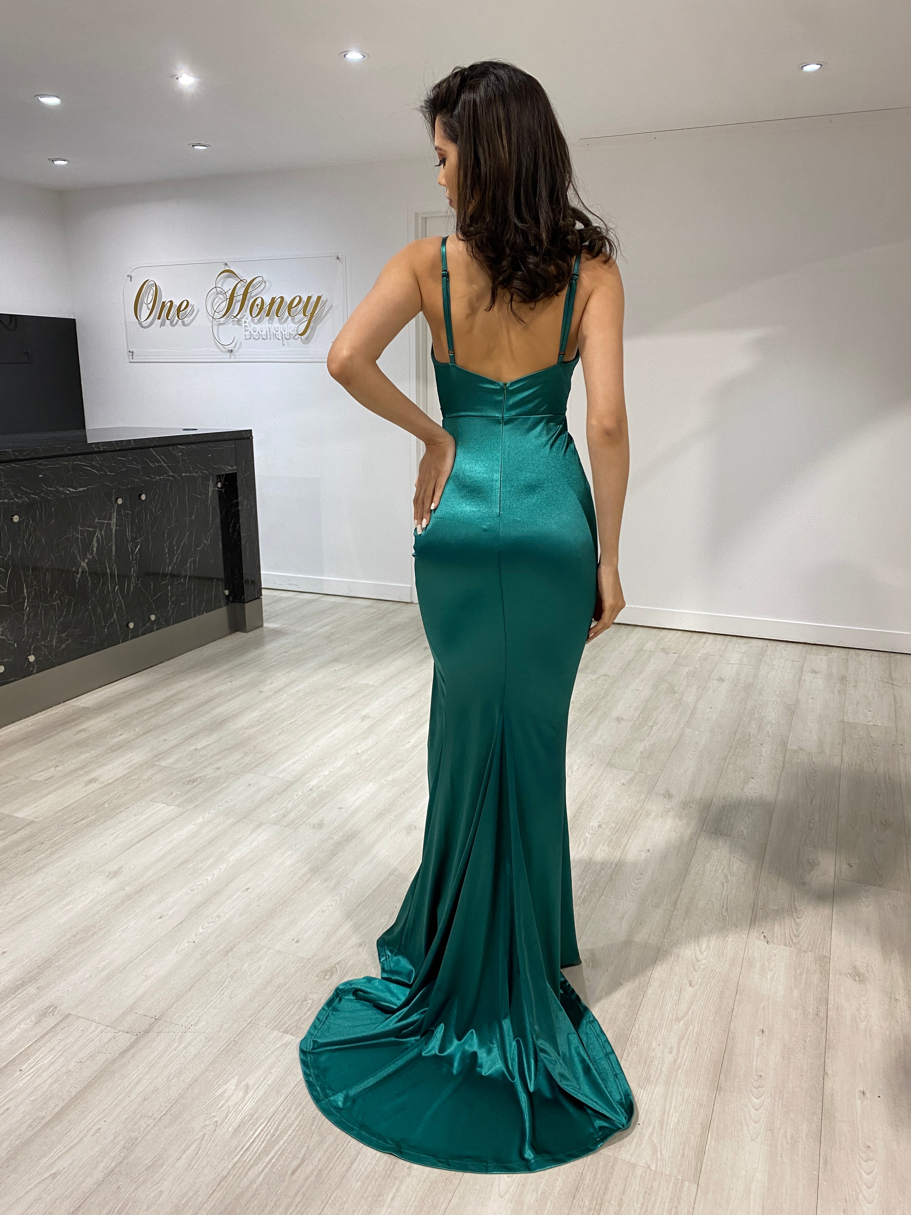 Honey Couture RAYNE Emerald Green Silky Knot Feature Mermaid Formal Dress