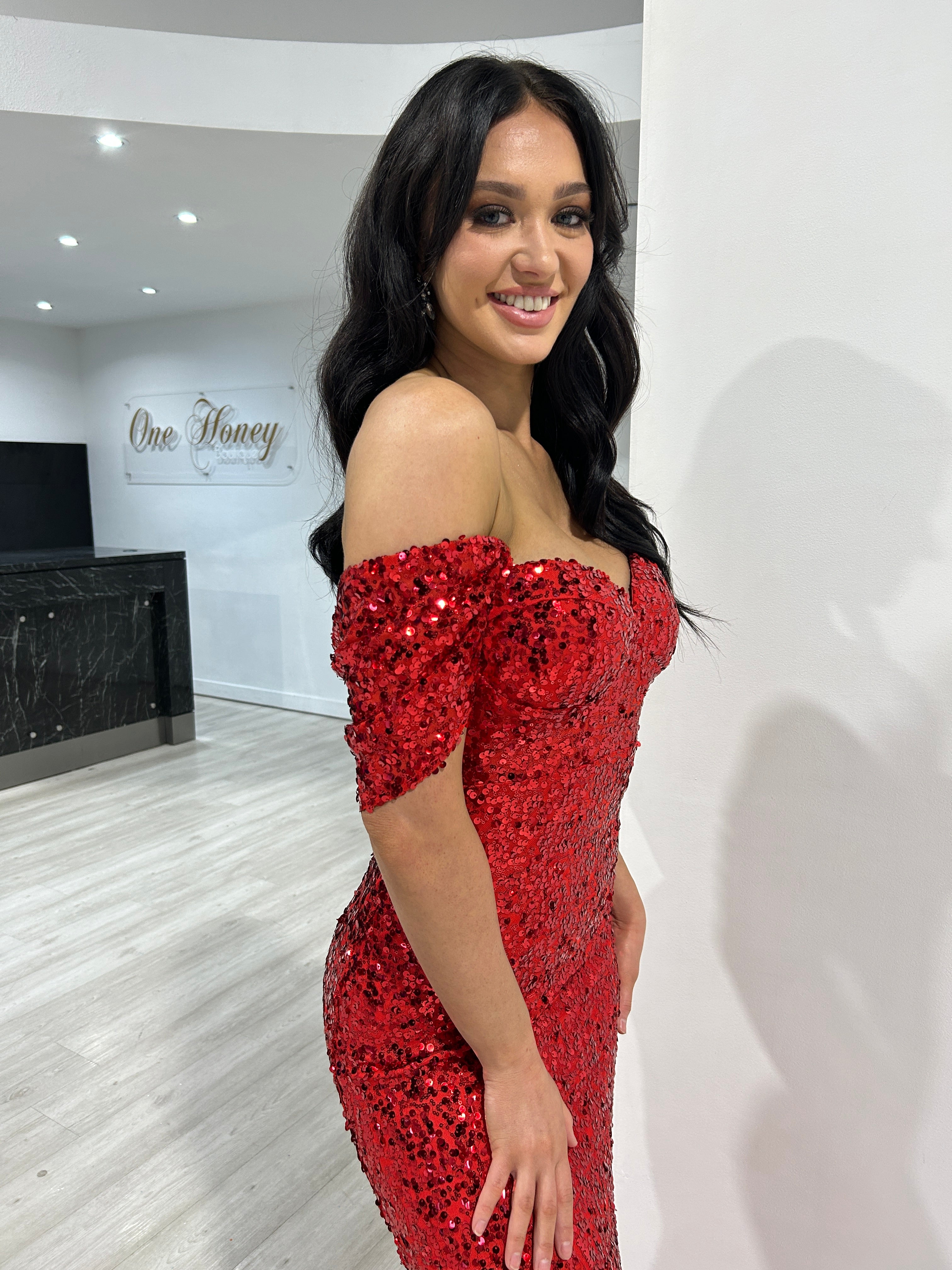 Model wearing Honey Couture COLLEN Red Off The Shoulder Evening Dress by Australian Designer, showcasing sequins and mermaid fit.