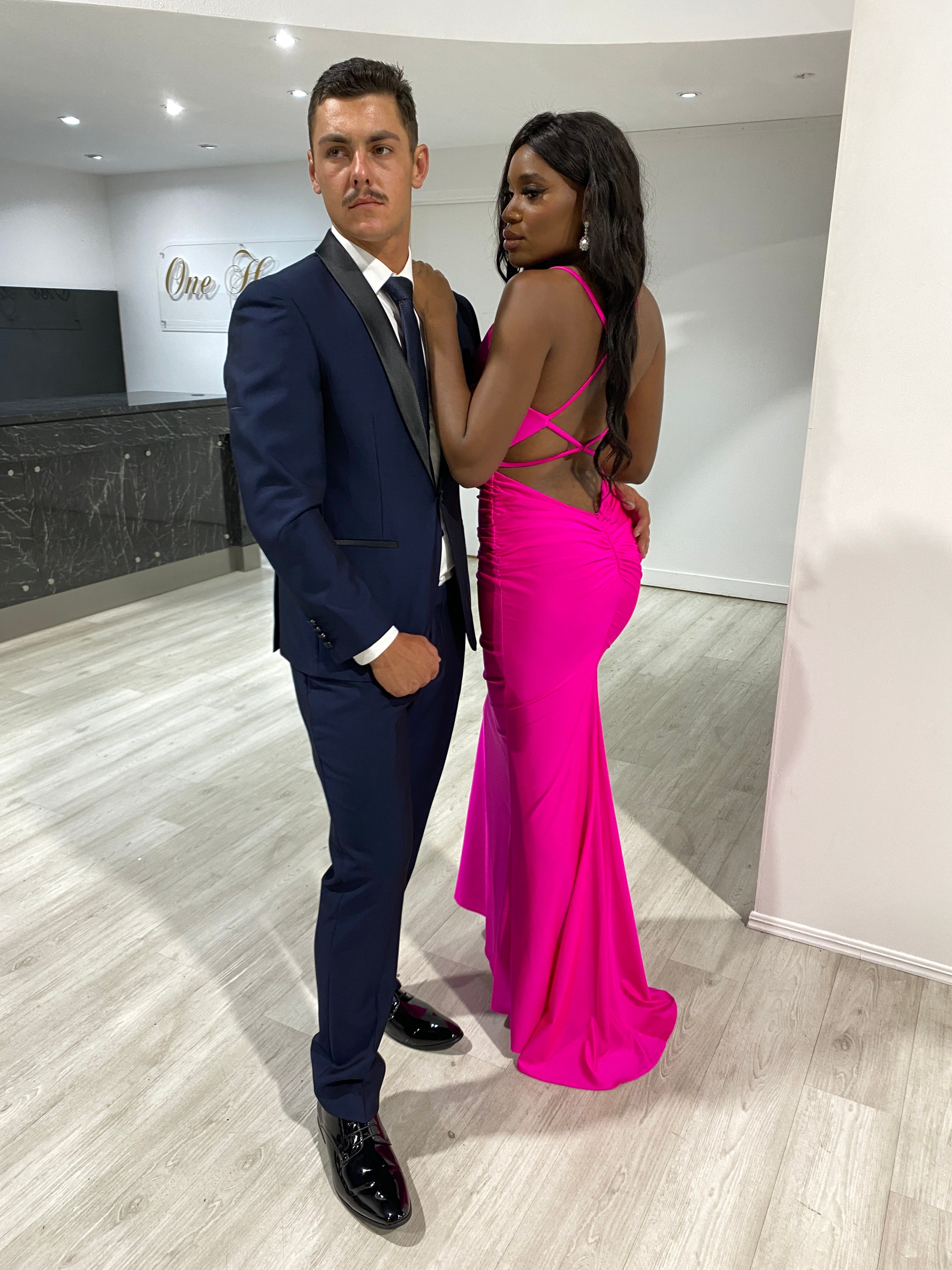 JAZ Gitter Shimmer Neon Strap Back Prom Dress with crisscross open back and ruched waistline, perfect for prom. Brisbane to Gold Coast.