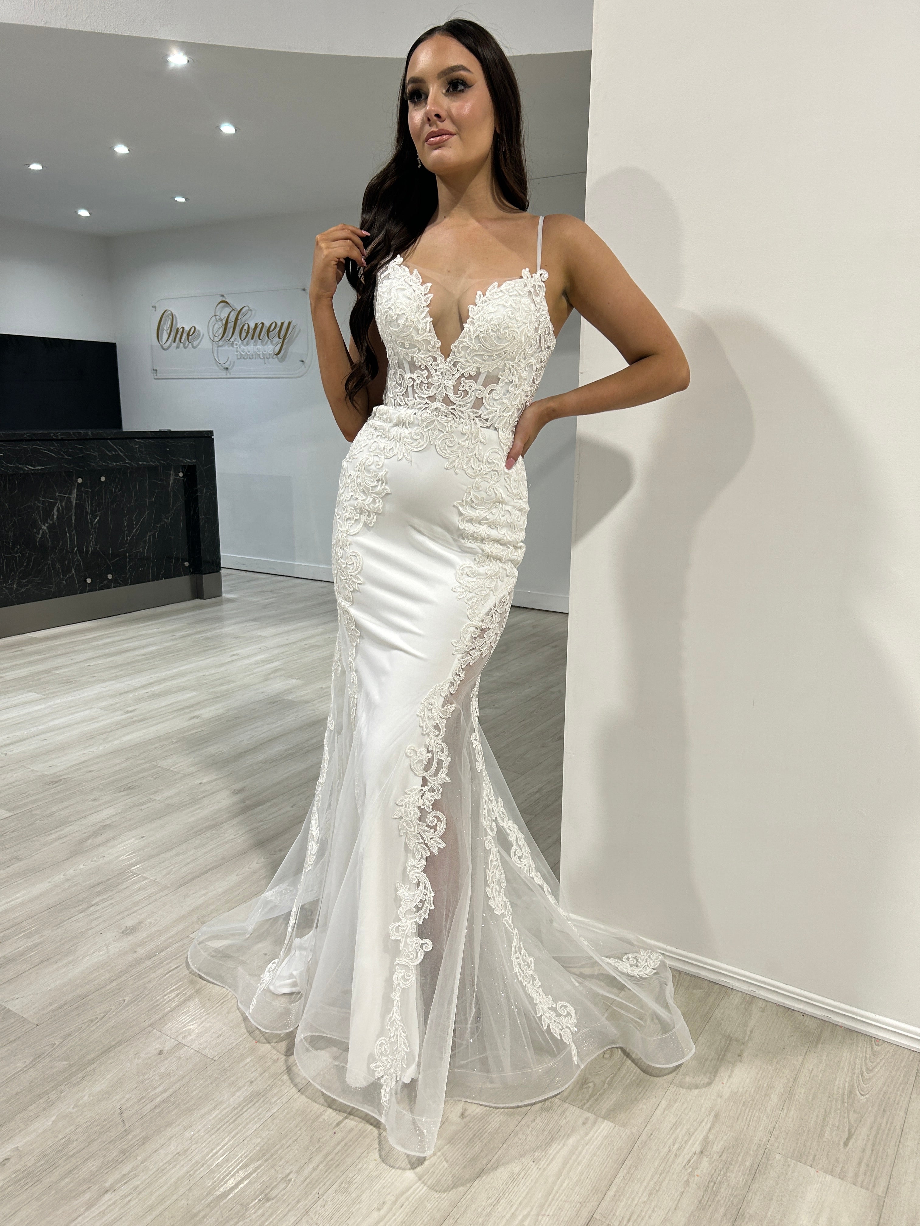 Honey Couture SASKIA Off White Mesh Insert Bridal Mermaid Formal Dress