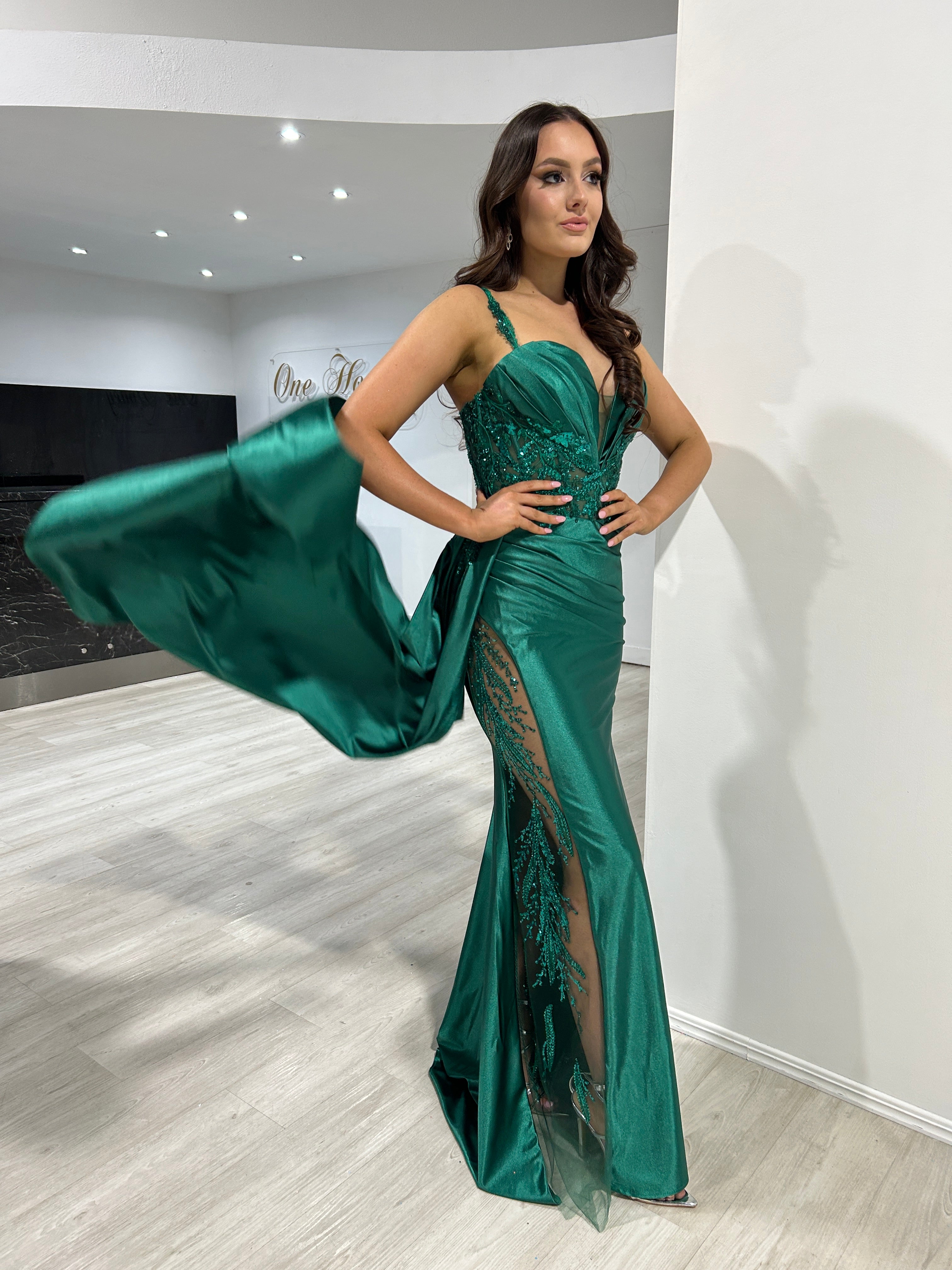 ANTONIA Embellished Corset Satin Mermaid Formal Dress with lace waistline and beaded slit, perfect evening gown from Brisbane to Gold Coast.