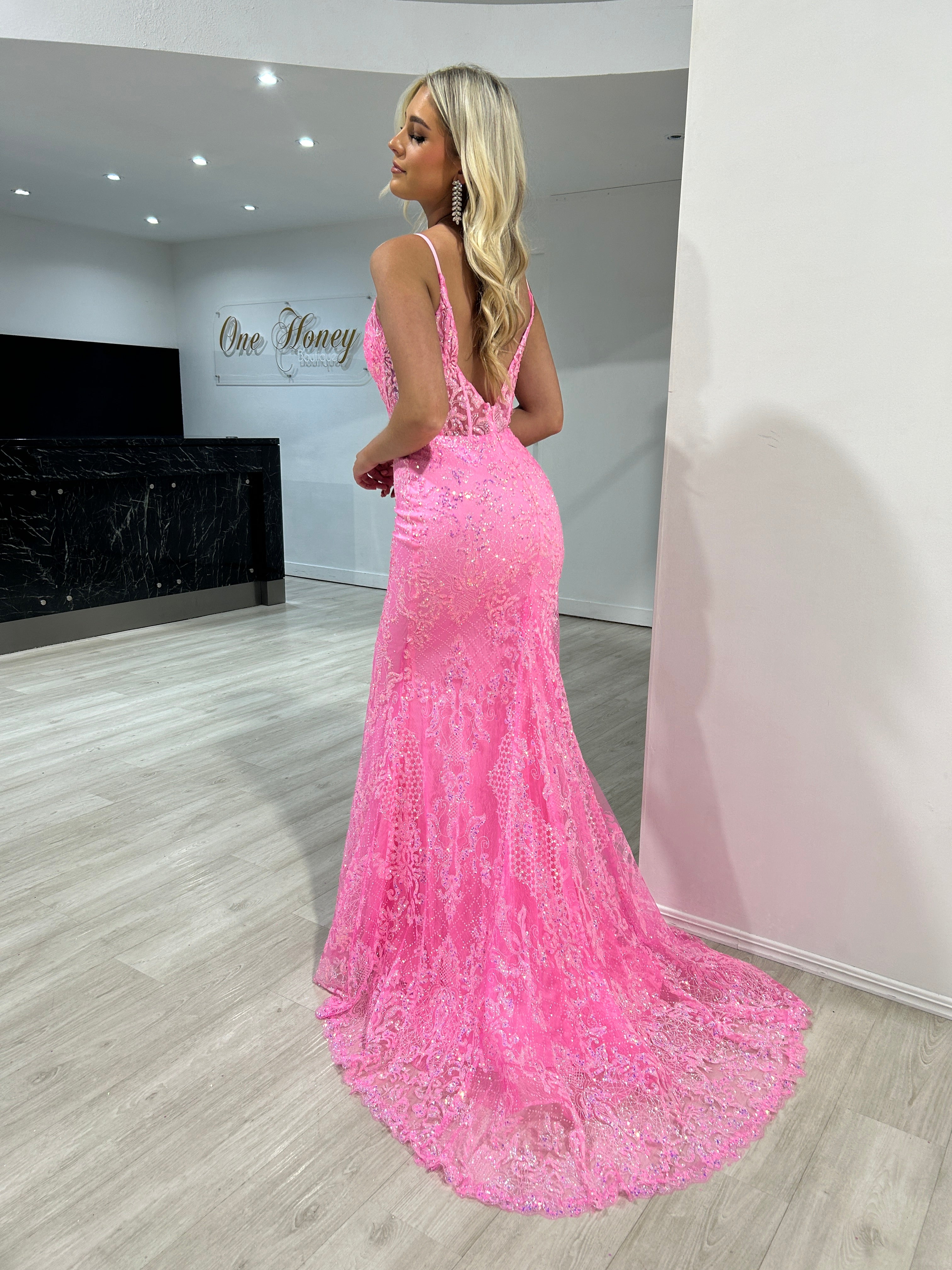 Honey Couture PETRA Neon Pink Sequin V Front Corset Mermaid Formal Gown Dress