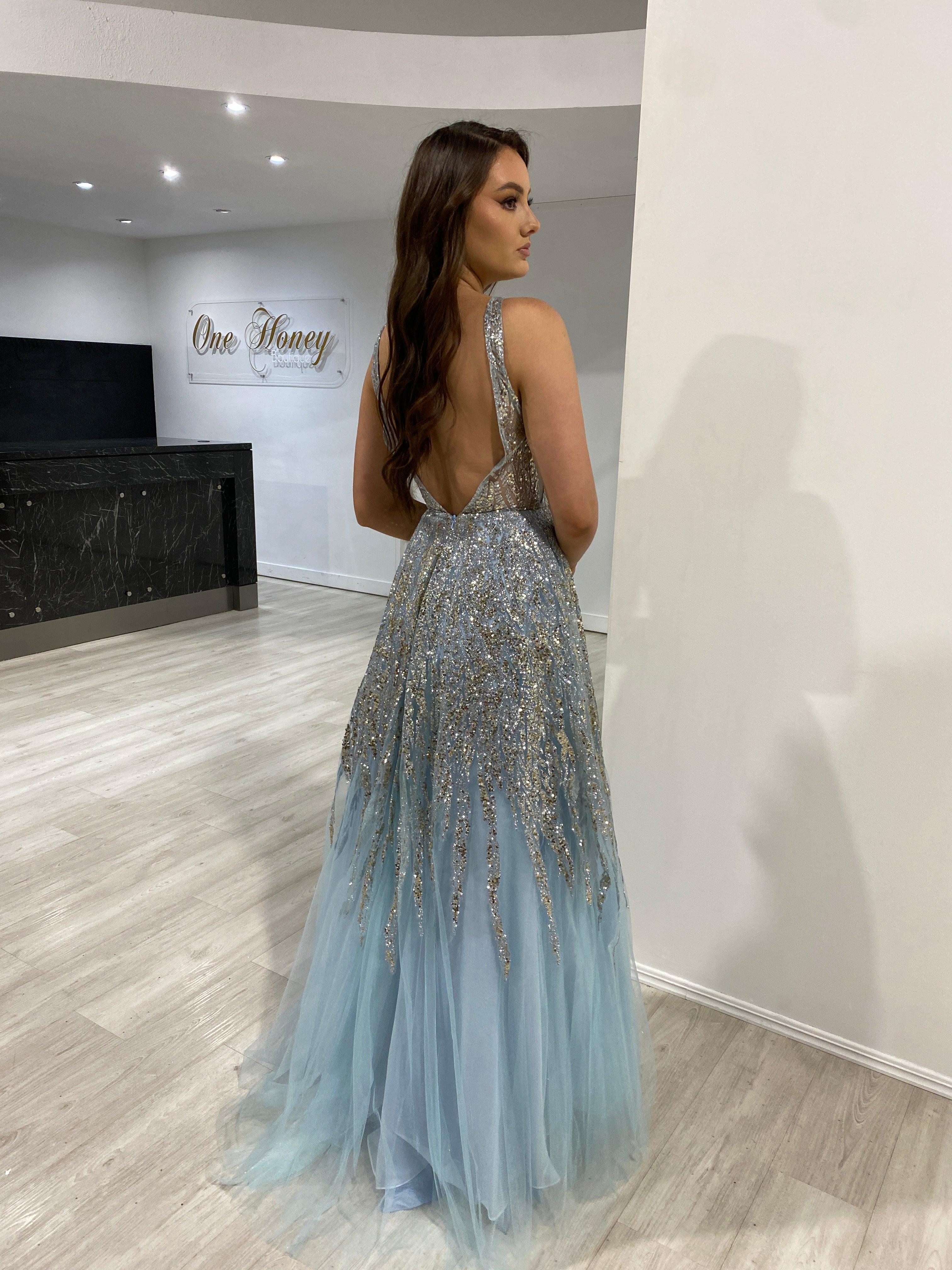 VIANNE Glitter Tulle A-Line Dress with sparkling bead embellishments and layered skirt, perfect prom gown Brisbane to Gold Coast.