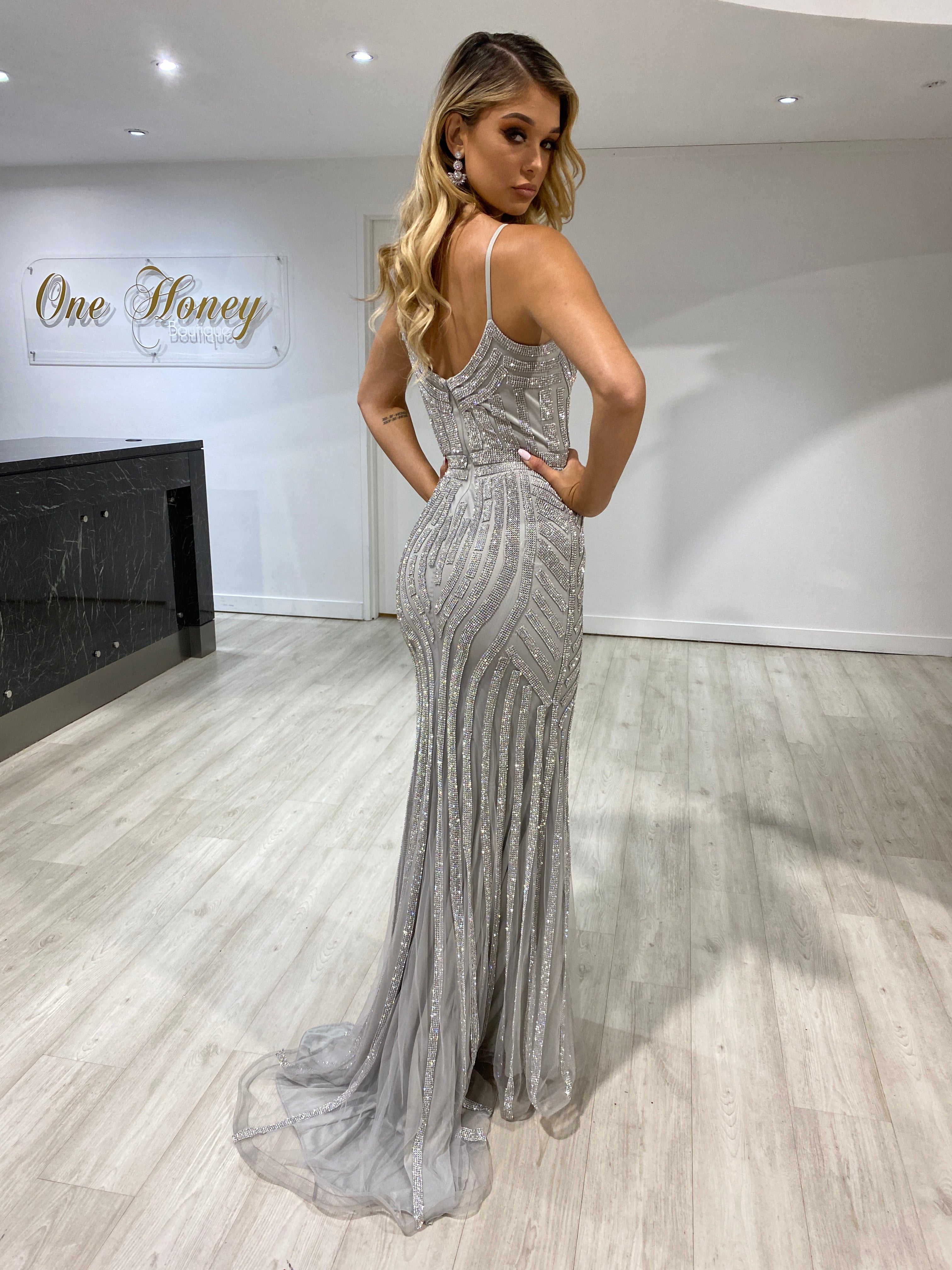 Honey Couture DIAMONDS Grey Sequin Mermaid Formal Gown Dress